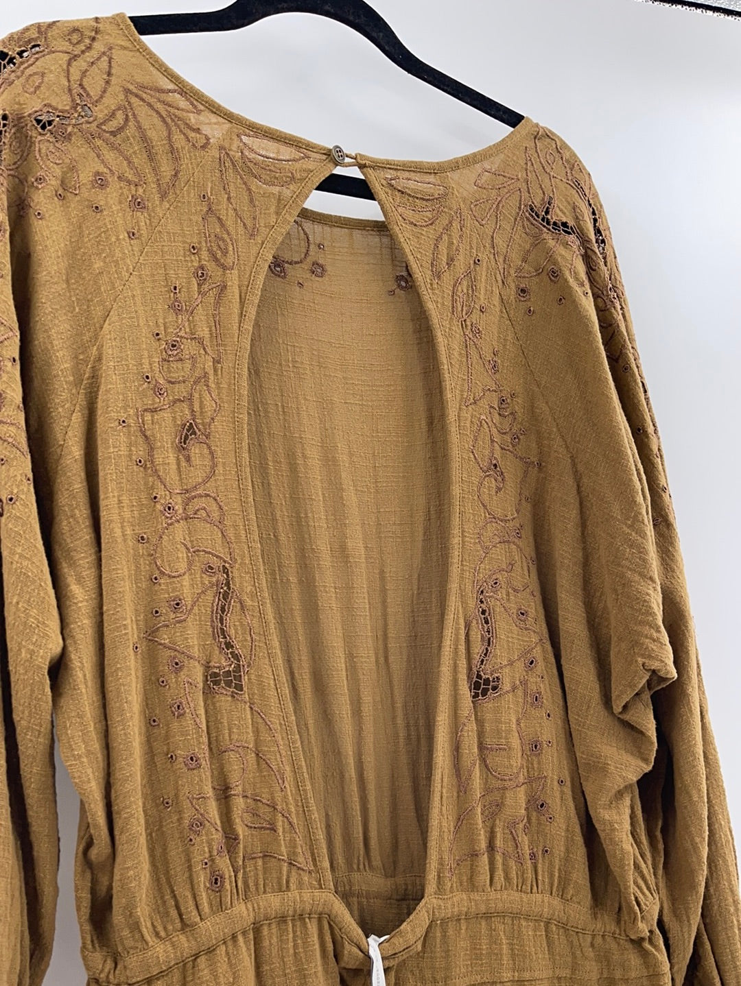 Free People - One Teaspoon - Tobacco Long Sleeve Embroidered Laser Cut Details Adjustable Drawstring Waist Line With Side Pockets Backless Jumpsuit (Size Small) - WITH TAG -