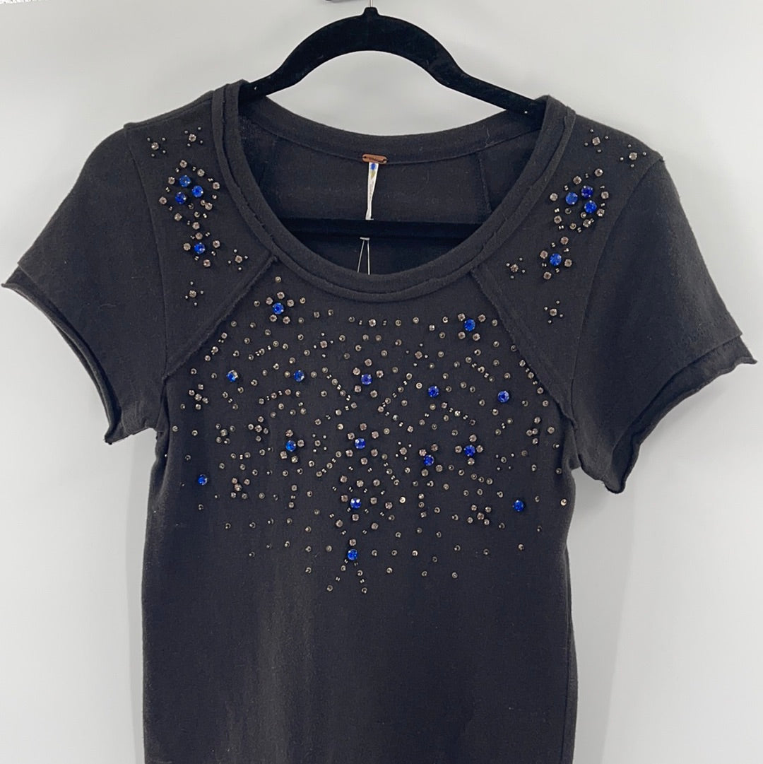 Free People Black Short Sleeve T-Shirt With Sequin and Rhinestone Embellishments (Size S)
