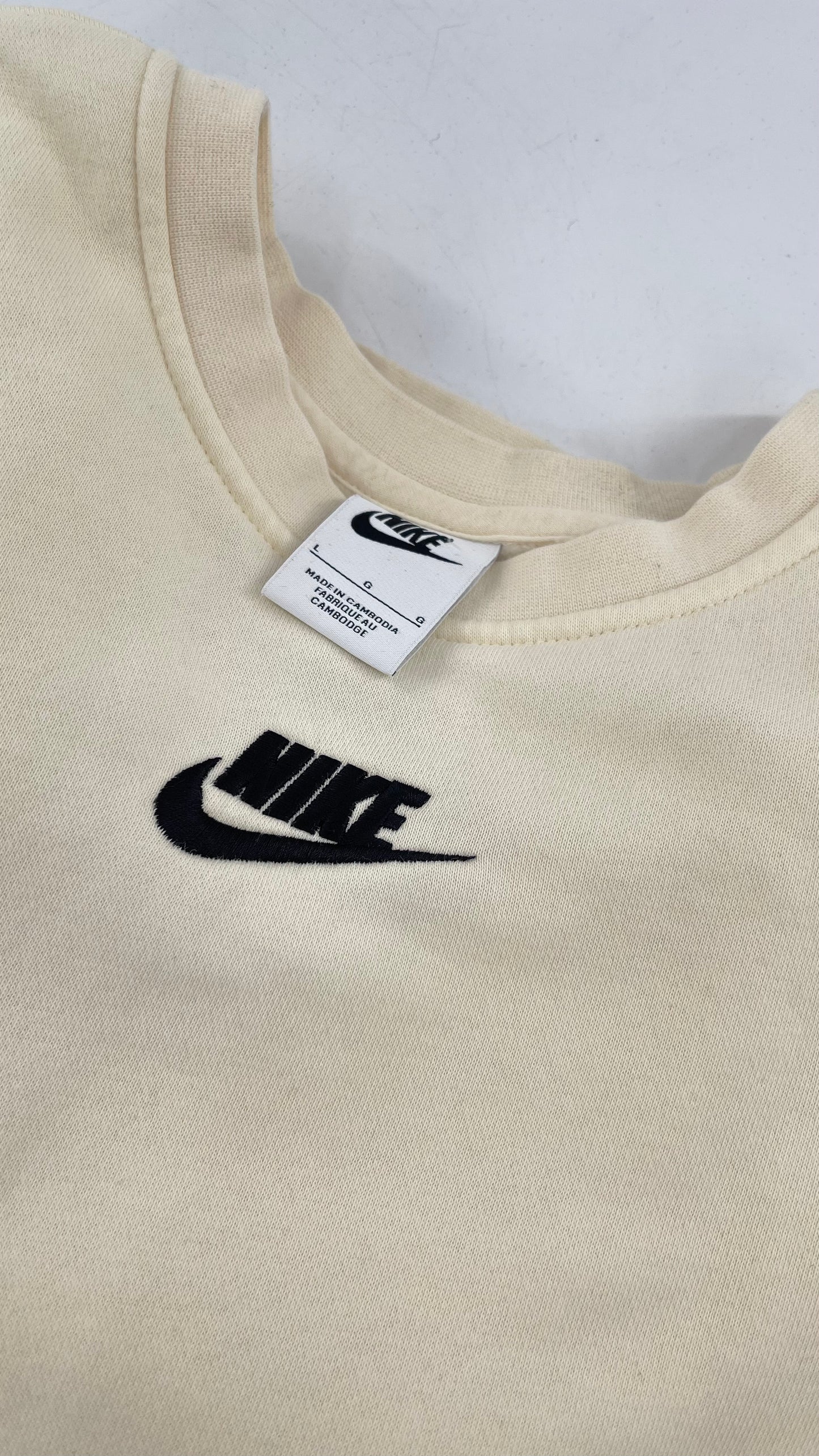 Cream Nike Crewneck with Minimalist Black Chest Logo (Large)