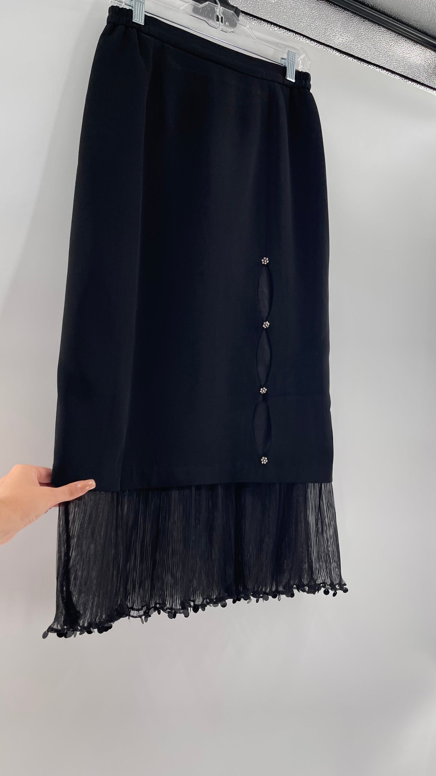 Vintage Black Maxi Cut Out/Bejeweled/Pleated Mesh Hem (8)
