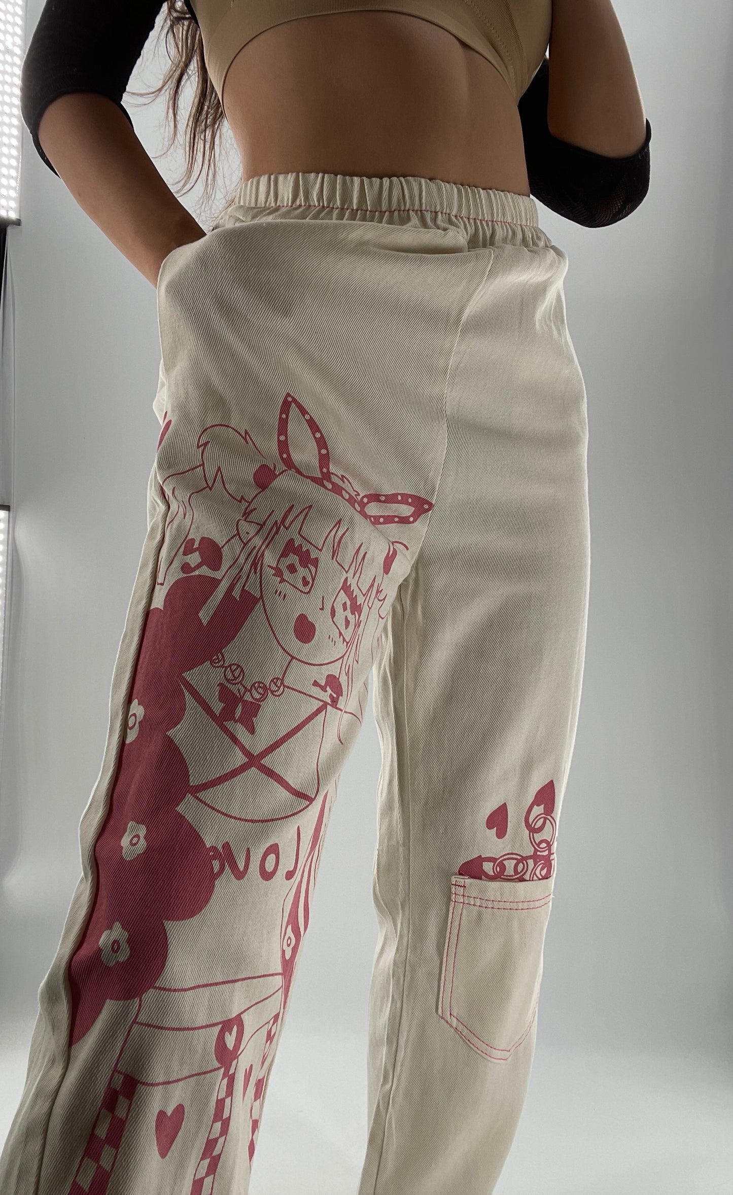 Beige Carpenter Pant with Pocket and Pink Anime Graphic (Medium)