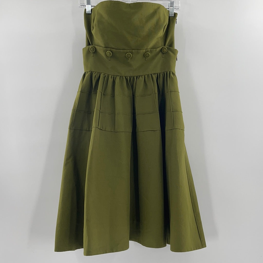 Maeve - Anthropologie Strapless Oliver Green Pleated MIDI Dress - Buttoned Under Breast- Could Separate and Make a 2 Piece Set - (Size 4)