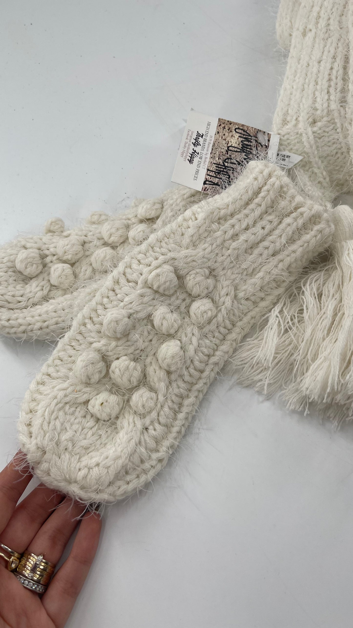 Free People White Knit Scarf and Mitten Set