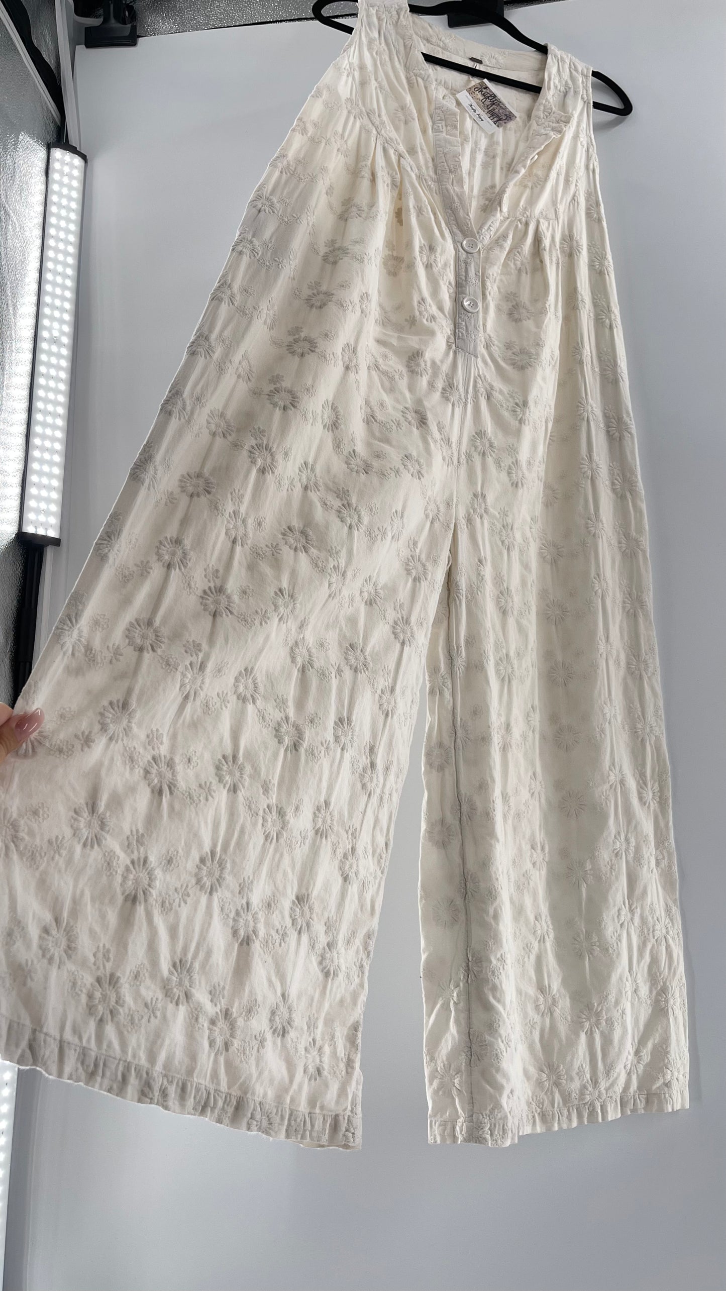 Free People White Sleeveless Embroidered Flower Jumpsuit