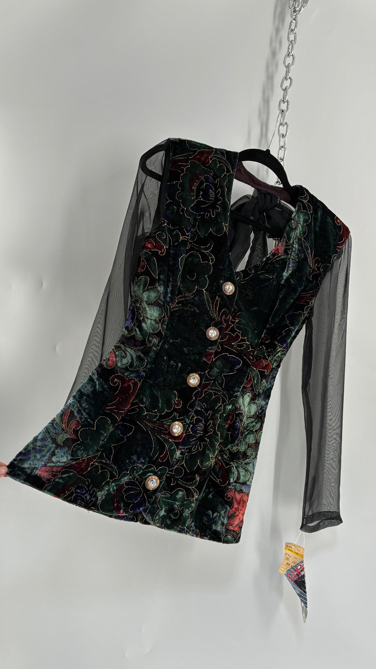 Deadstock Vintage RAMPAGE 1980s Micro Mini Dress Velour with Sheer Bubble Sleeves, Open Back, Elaborate Crystal Buttons and Bow Back Detail (Small)