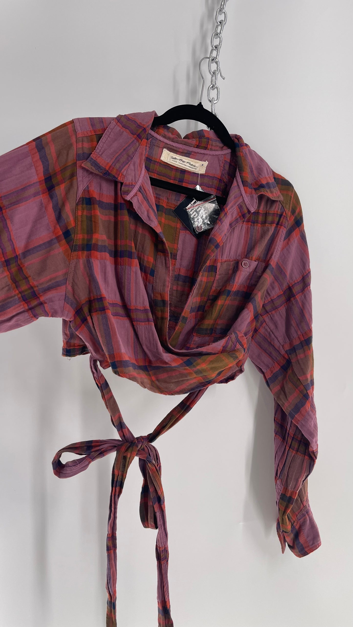 Free People Cropped Plaid Wrap Around Pocketed Blouse (Small)