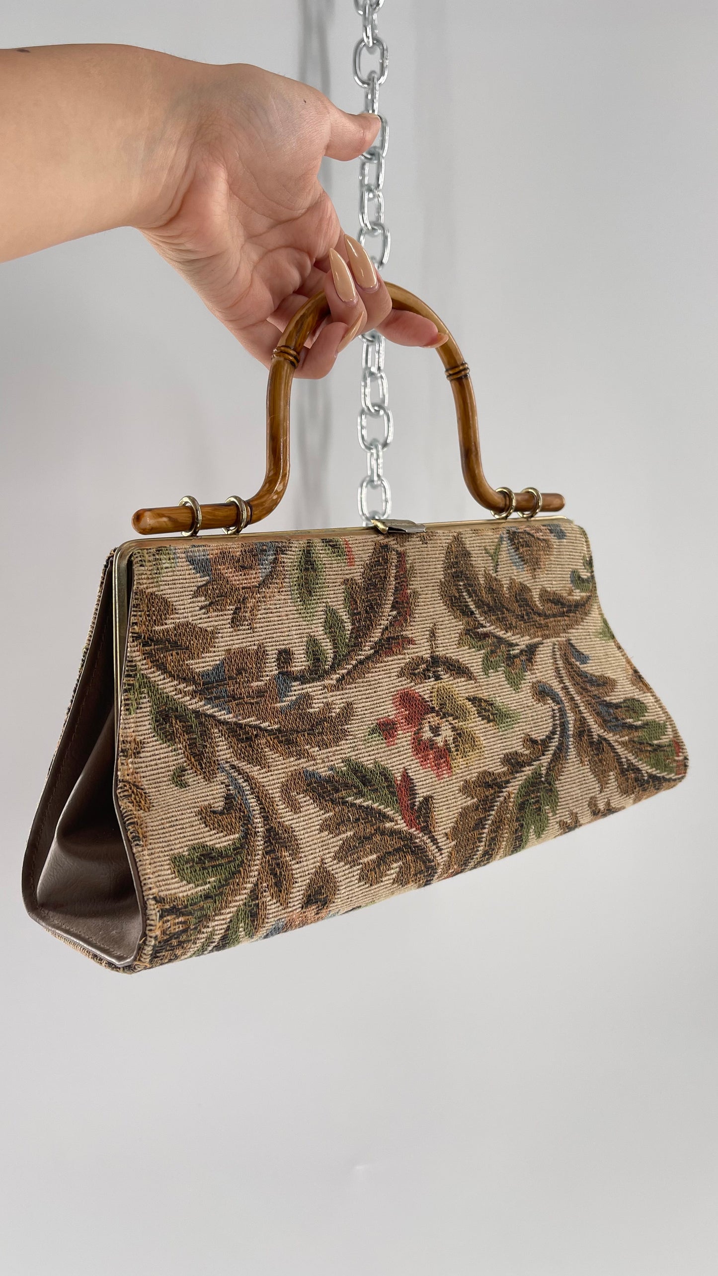 Vintage Tapestry Bag with Bronze Metal Clasp and Bamboo Handle