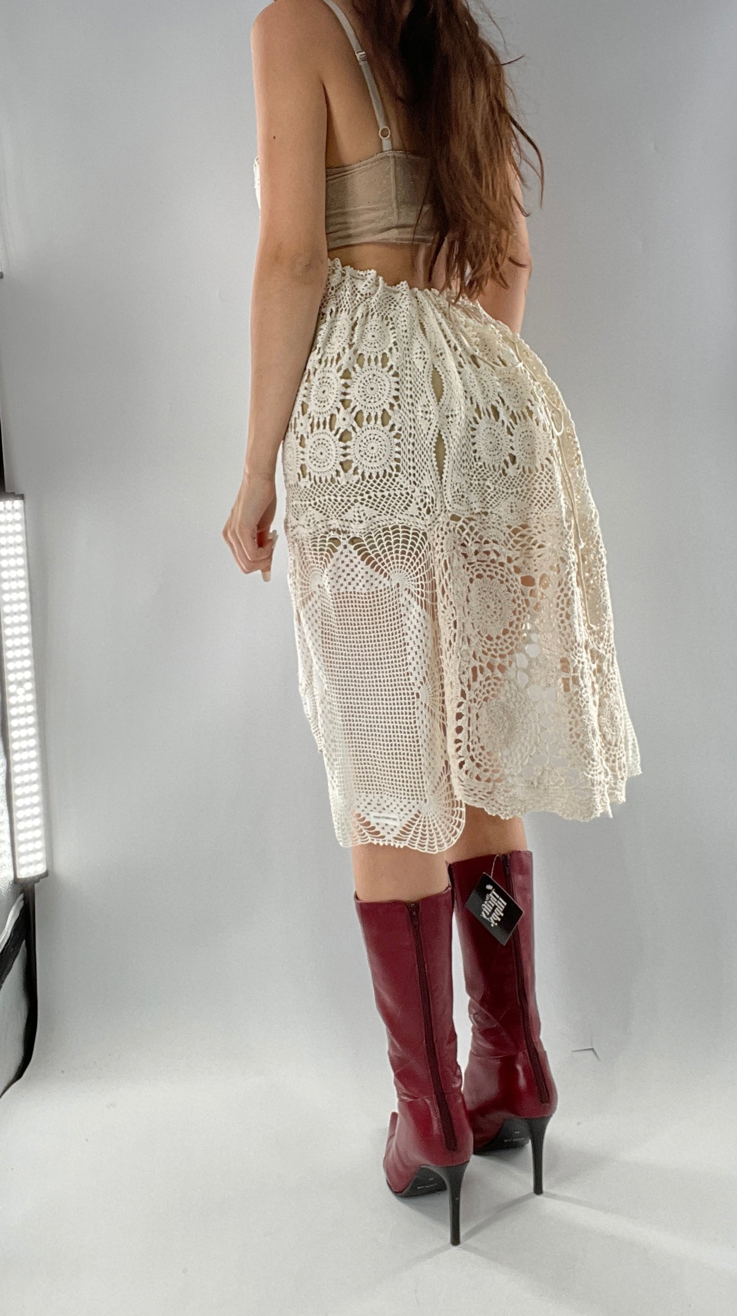 Vintage Handmade Crochet Cottage Adjustable Dress with Open, Low Back (One Size)