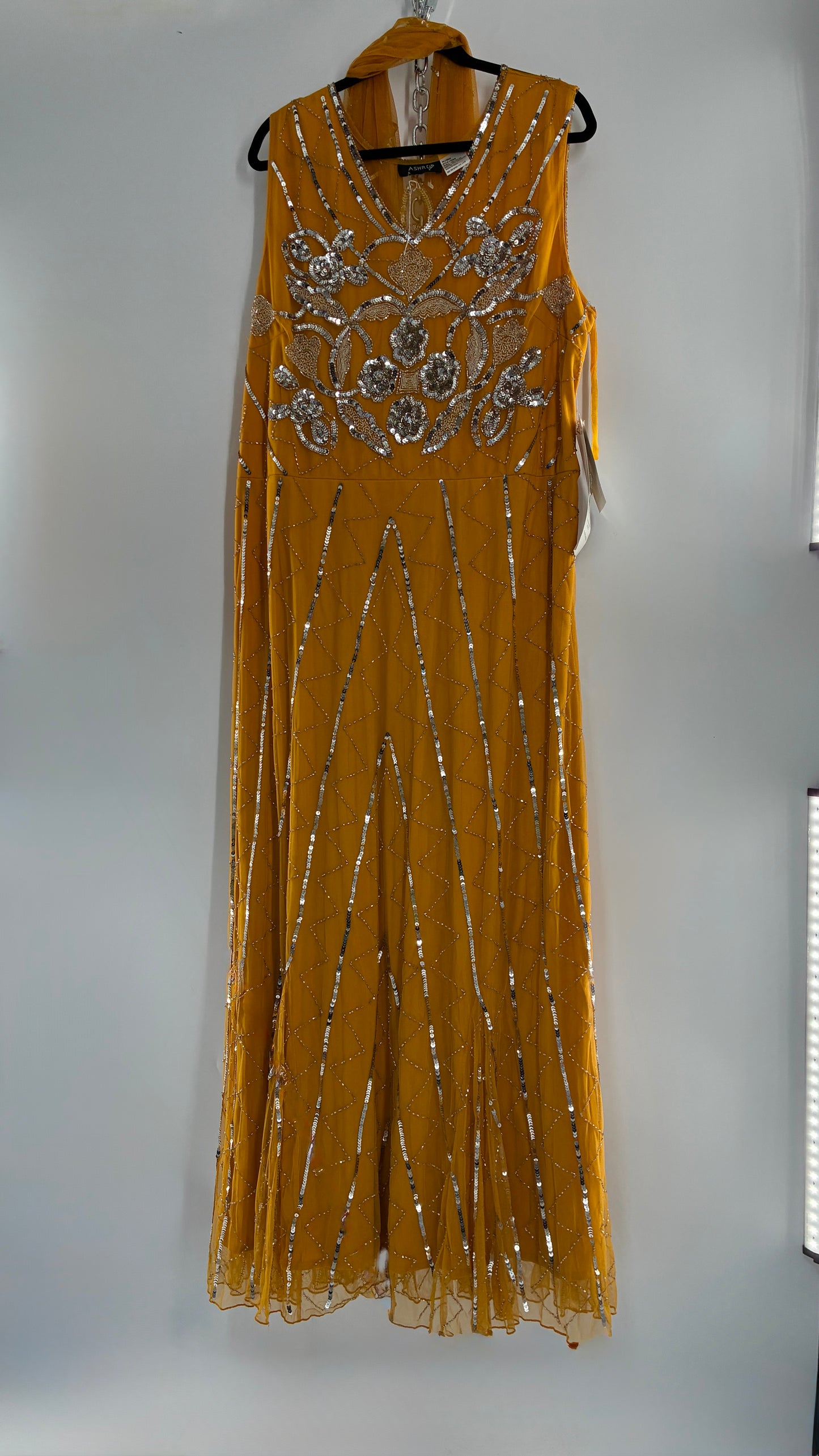 Deadstock Vintage ASHRO 1990s Mustard Yellow Dress with Sheer Back, Neck Scarf and Silver Beading (XXL)