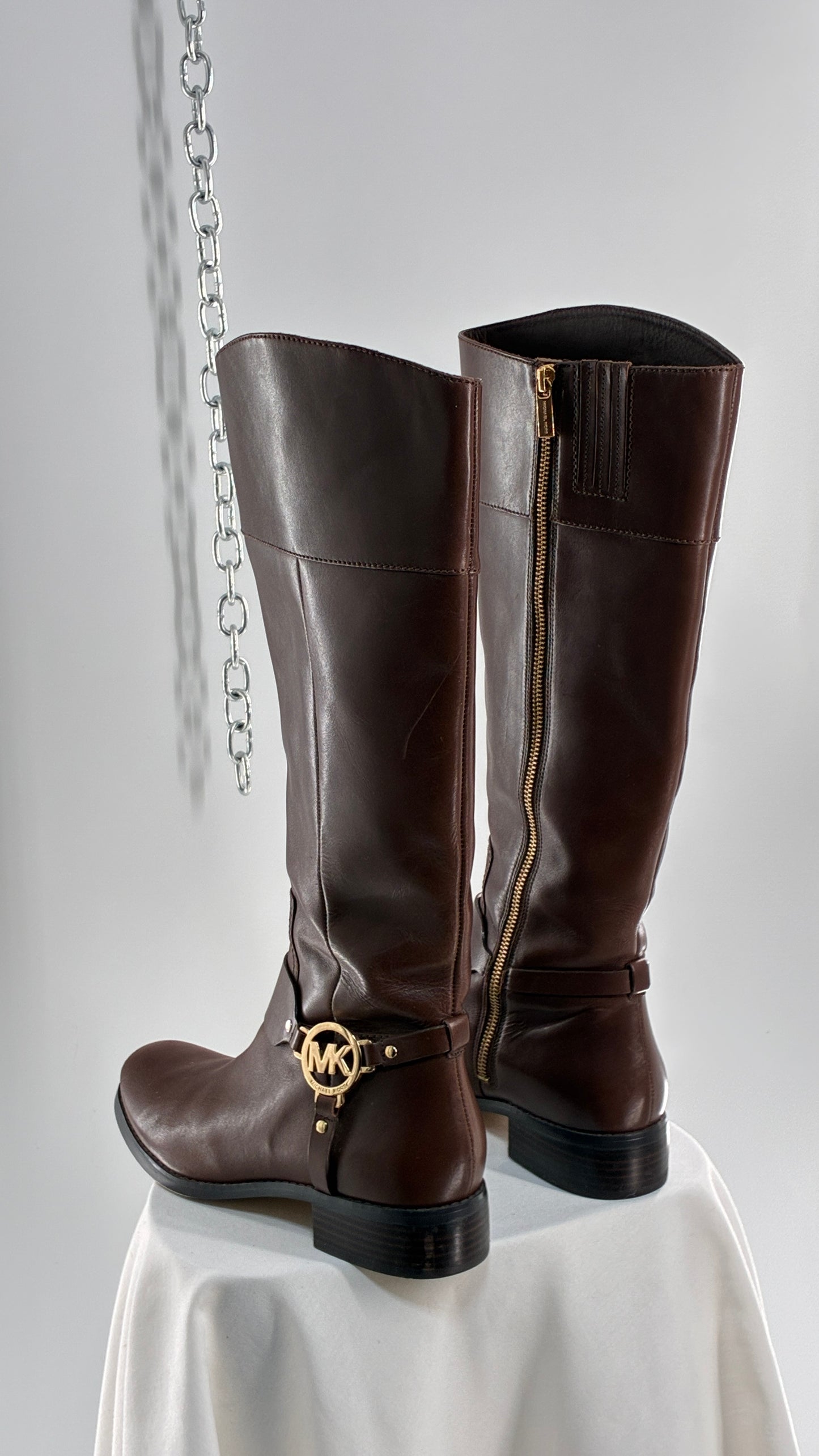 Vintage MICHAEL KORS Knee High Brown Genuine Leather Moto Boot with Gold Detailing (9)