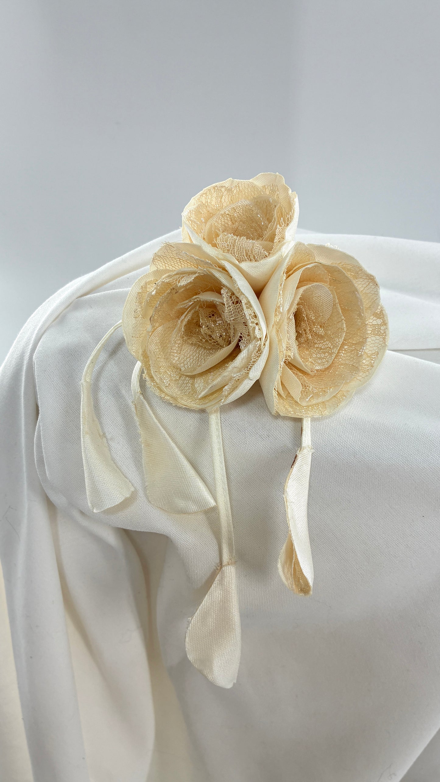Vintage Brooch Pin: Oversized Rosette Cluster of Handmade Off White Satin and Lace Flowers with Pearl Center
