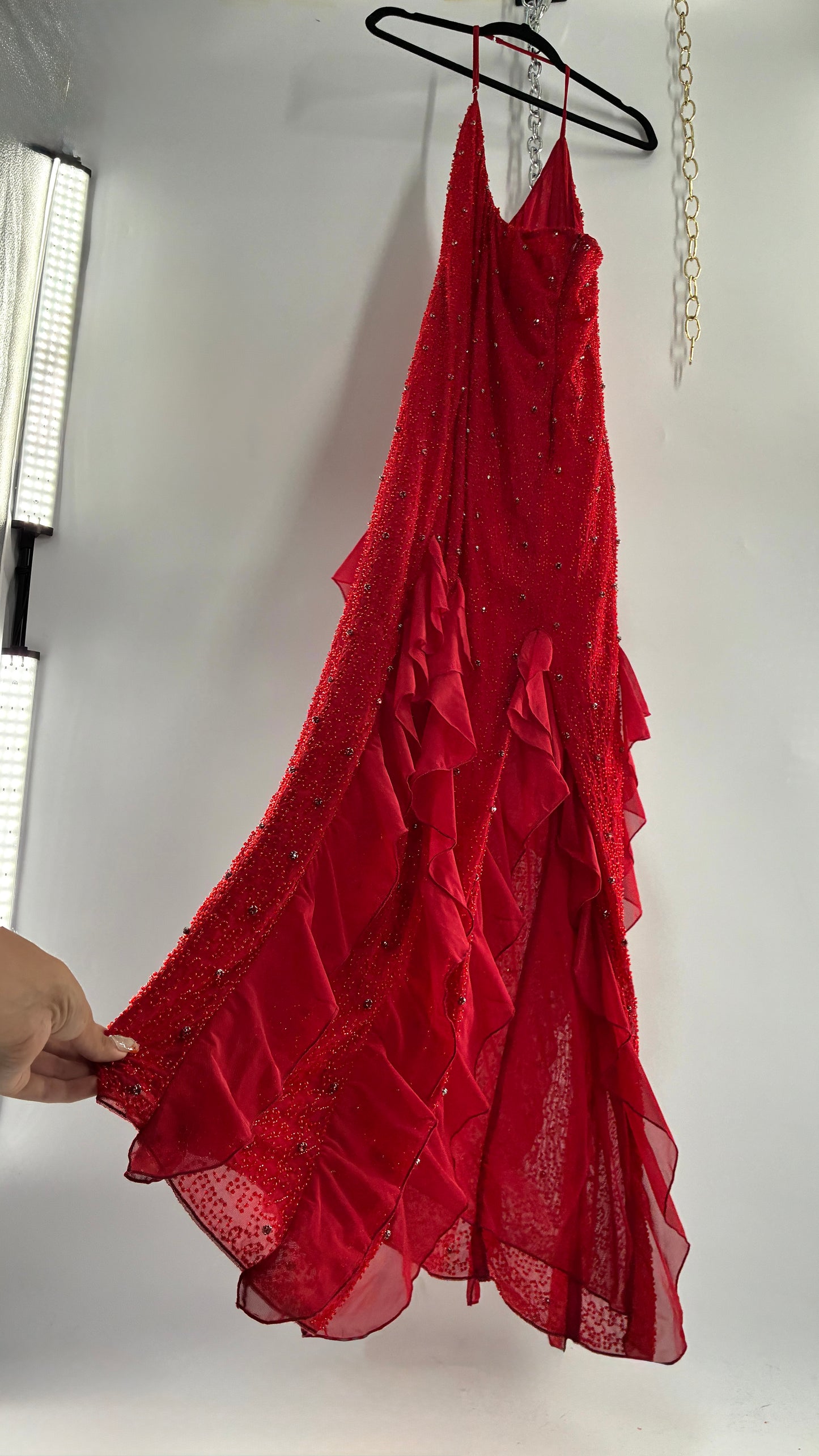 OH POLLY Red Beaded Gown with Ruffled Detailing NWOT (14)