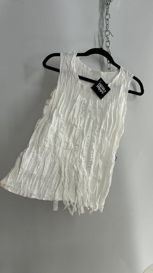 Vintage 1990s Crimped White Camisole with Tassels, Ribbons, and Lace (Medium)