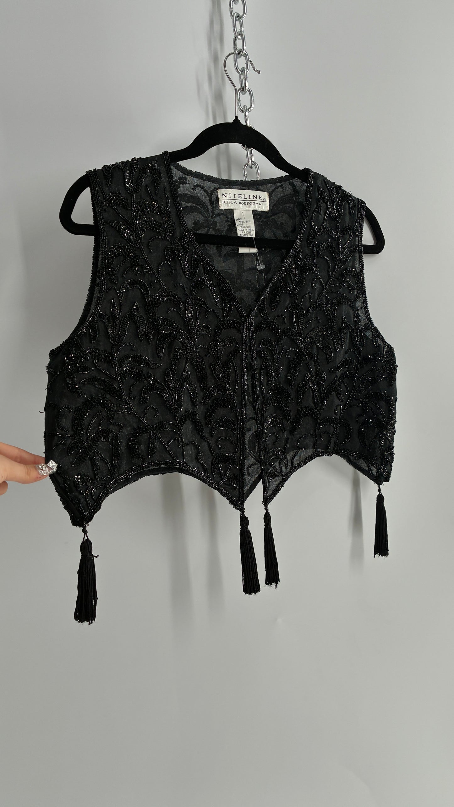 Vintage 1990s NITELINE 100% Silk Beaded Cropped Vest with Tassel Details (Medium)