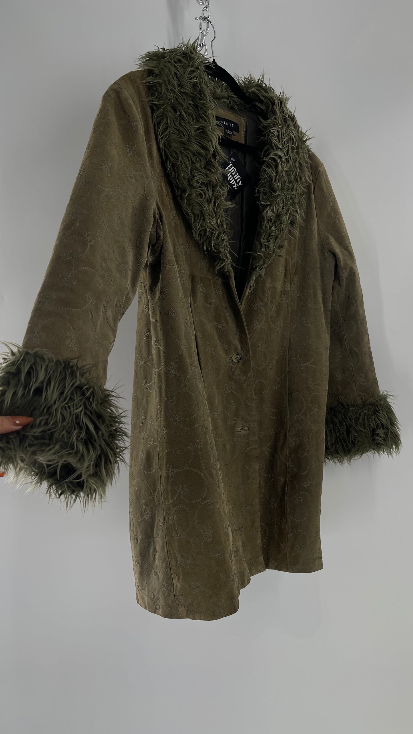 Vintage STATIC Embroidered Genuine Leather Coat with Fur Cuffs and Collar (C) (XL)