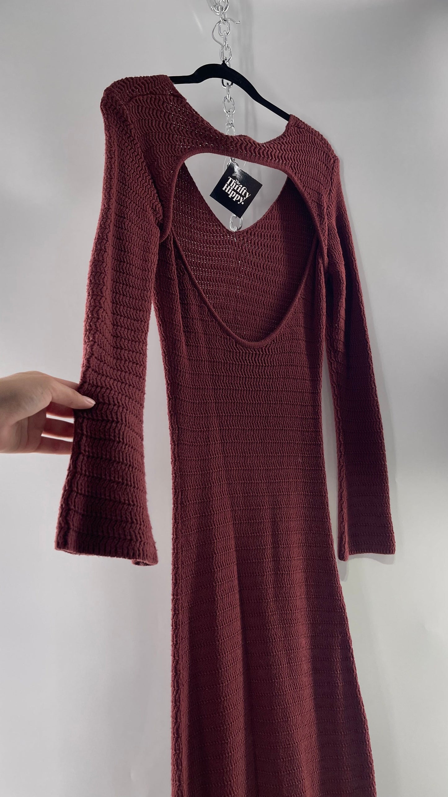 Free People Burgundy Knit Long Sleeve Maxi with Open Back (Large)