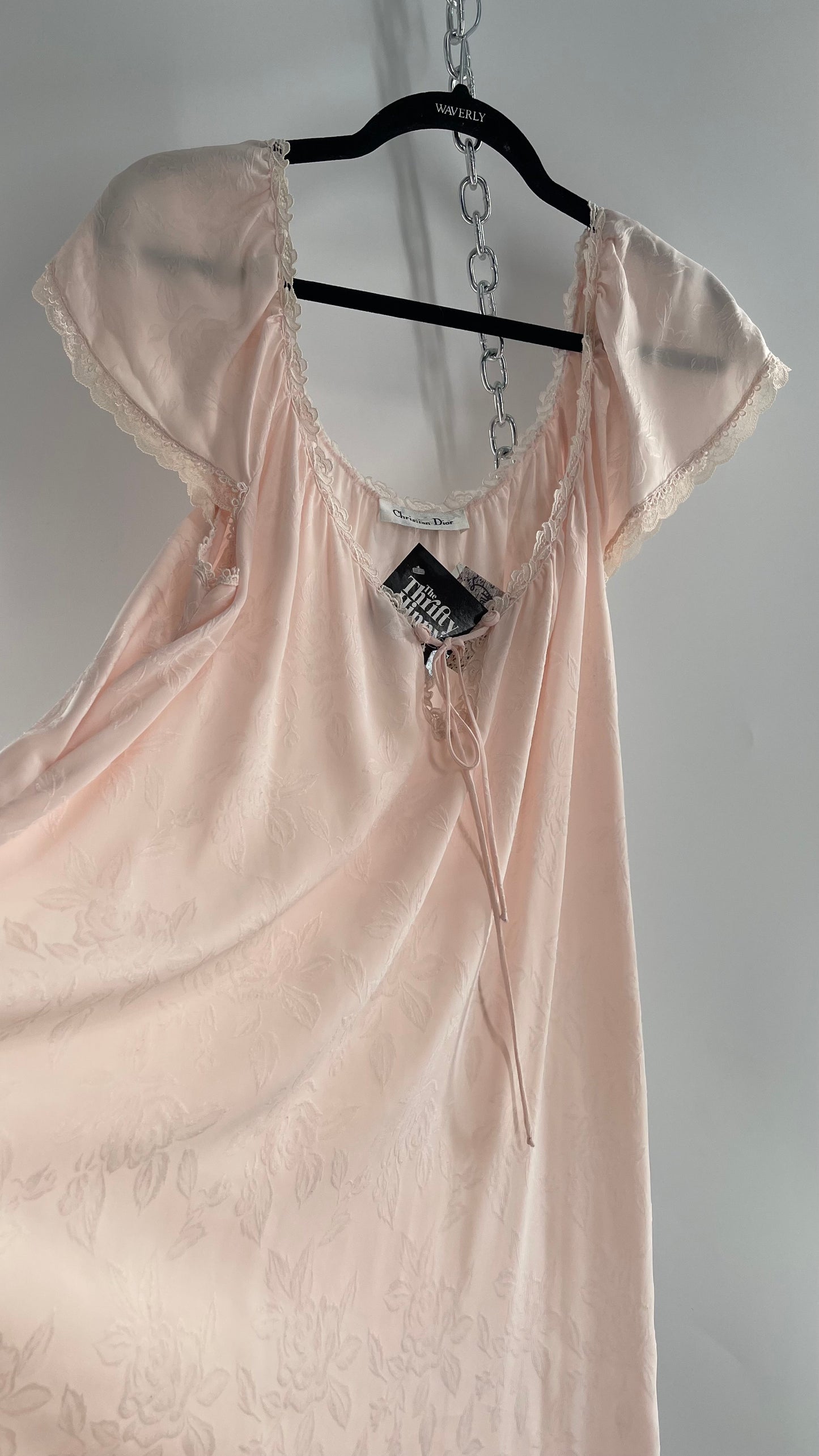 Vintage Christian Dior Pink Night Gown/ Maxi Dress with Floral Embossed Design, Lace Trim and Rosettes (Large)