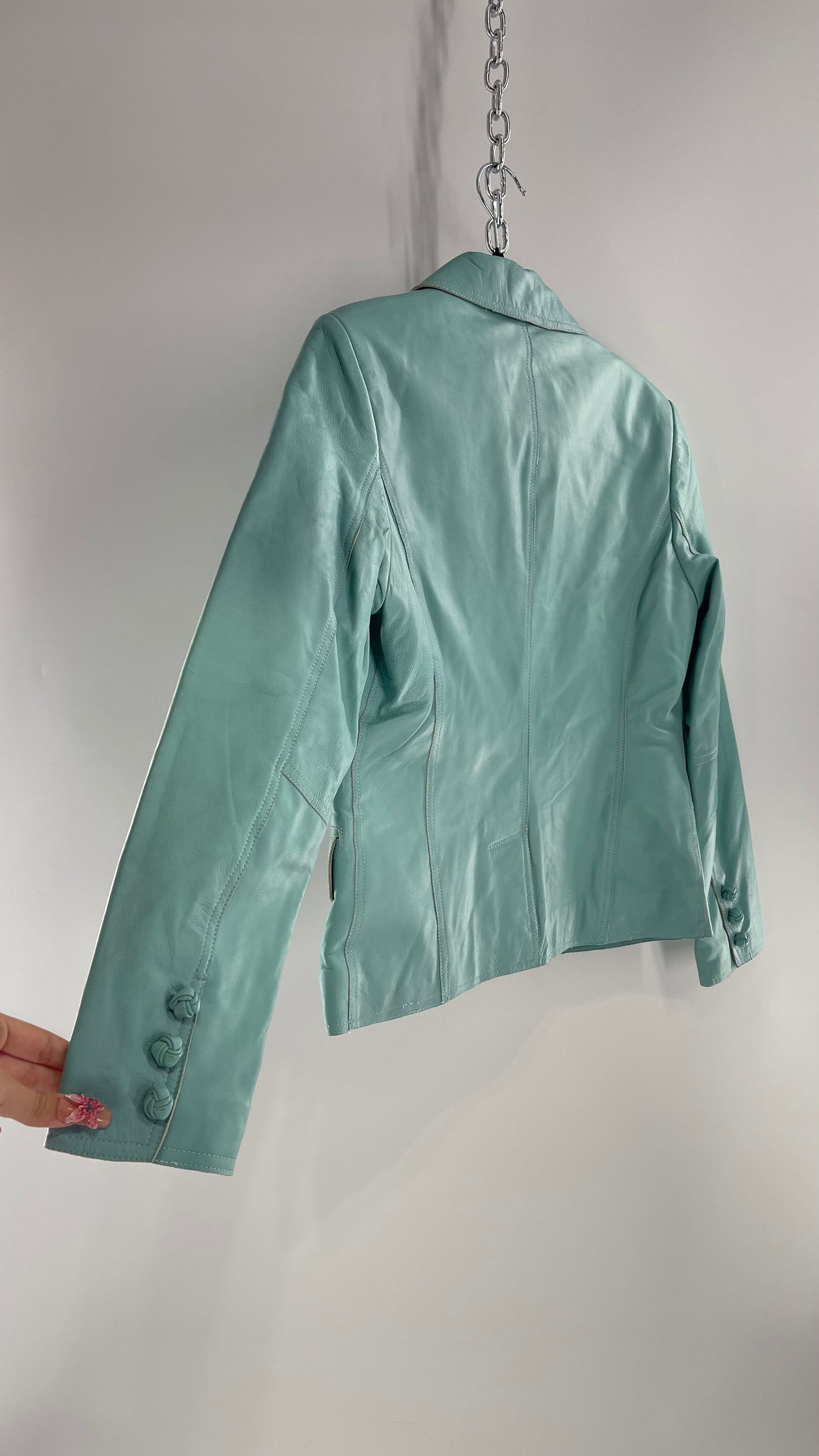 Vintage 1990s Pamela McCoy Eggshell/Tiffany Blue Leather Blazer Jacket (XS)