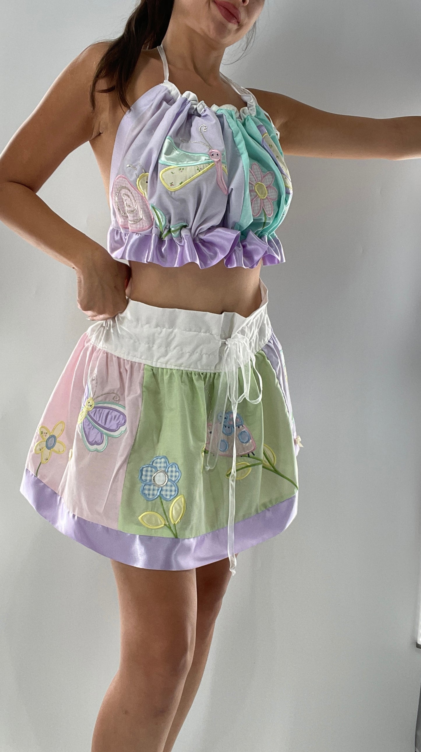 Vintage Custom 2piece Garden Gal Set Covered in Patchwork Butterflies, Dragonflies, Flowers, Snails and Pastels (One Size Fits Most)