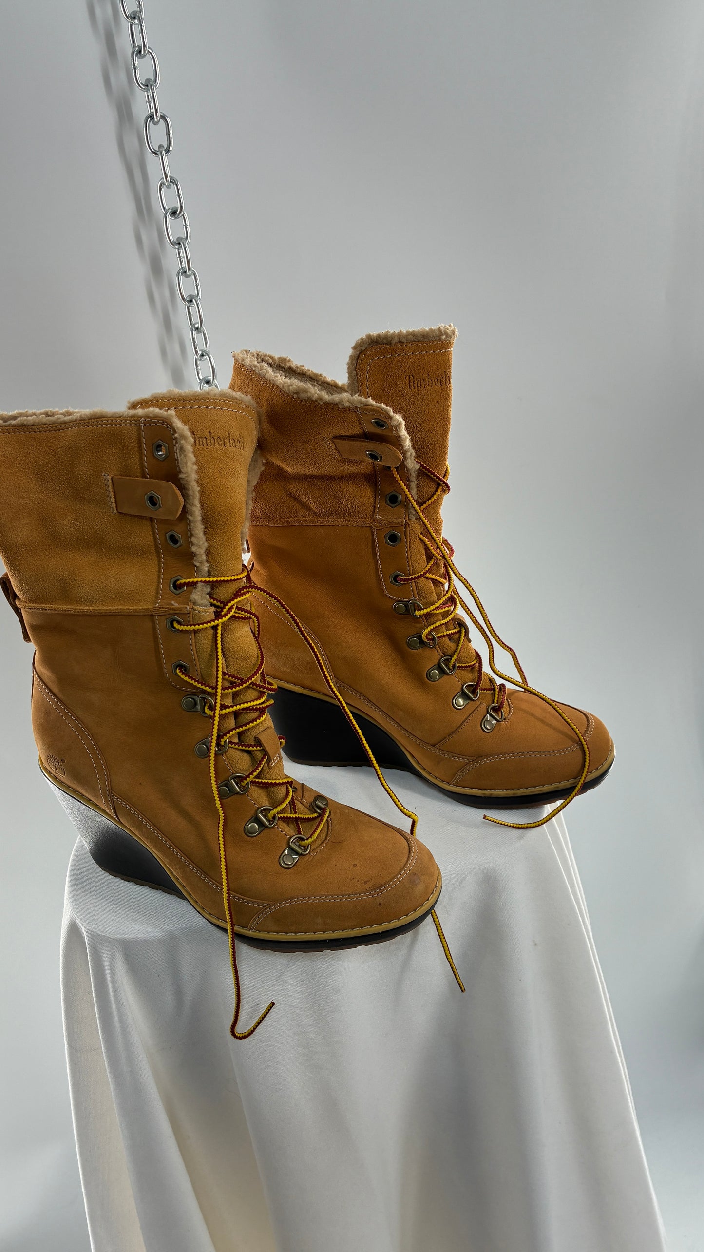 Vintage TIMBERLAND Wedge Boots Suede Leather Tie Up Heels (7.5)