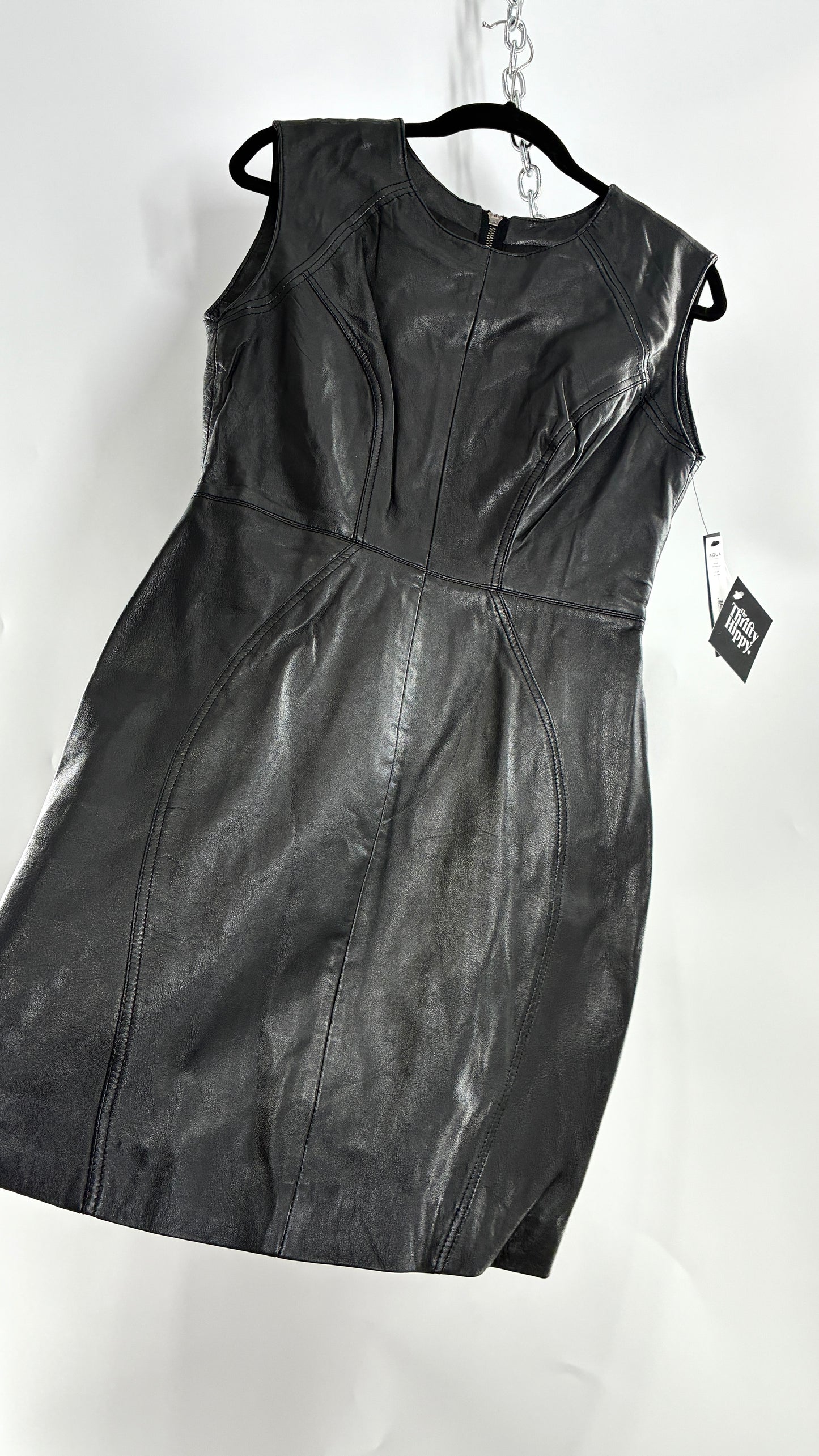 AQUA LUXE Black Leather Bodycon Paneled Dress with Tags Attached (Small)