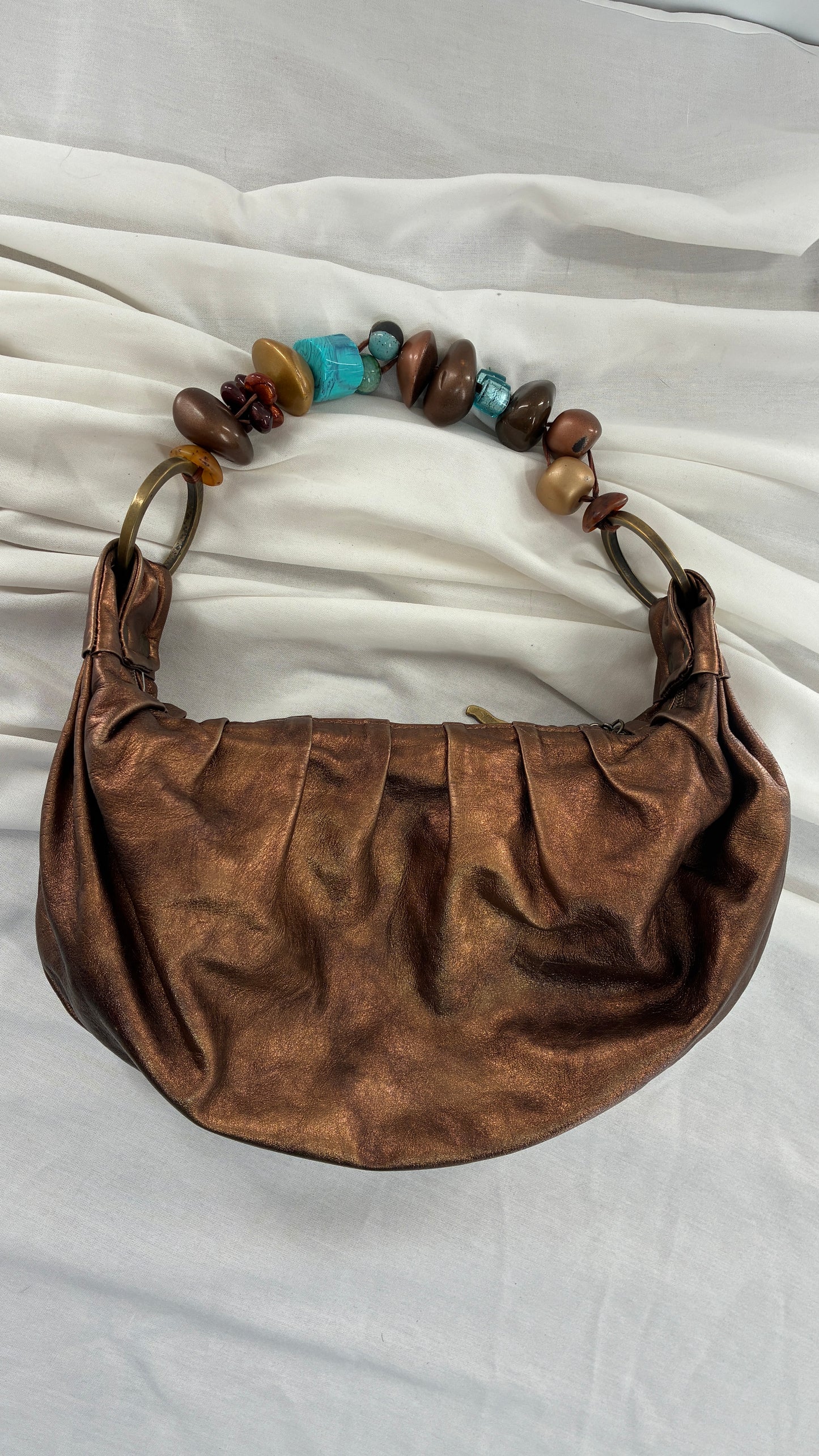 Vintage KARKABA  Metallic Bronze Leather Bag with Exaggerated Beaded Handles