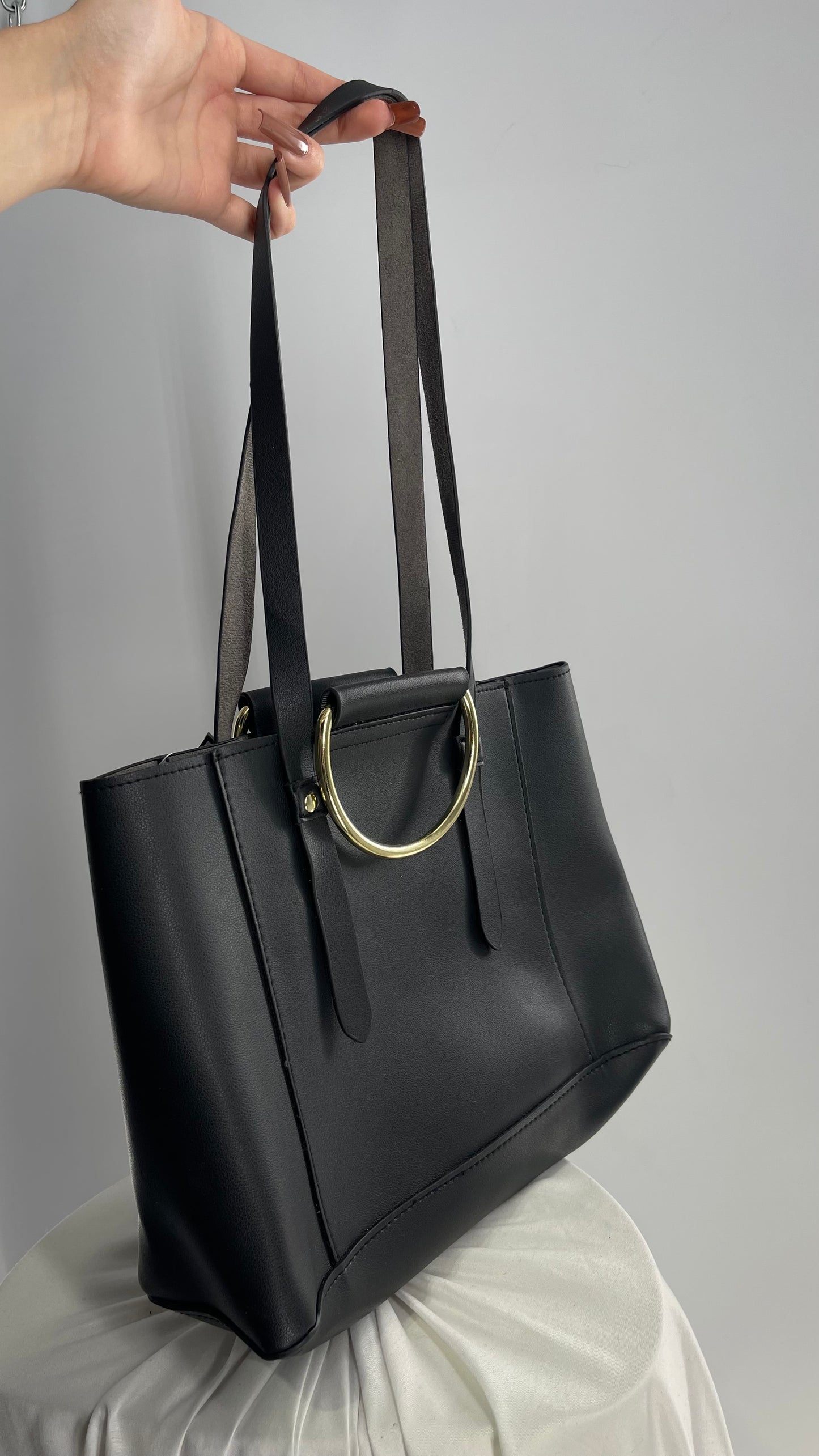 Free People Black Vegan Leather Bag with Pearl and Gold Hardware Details