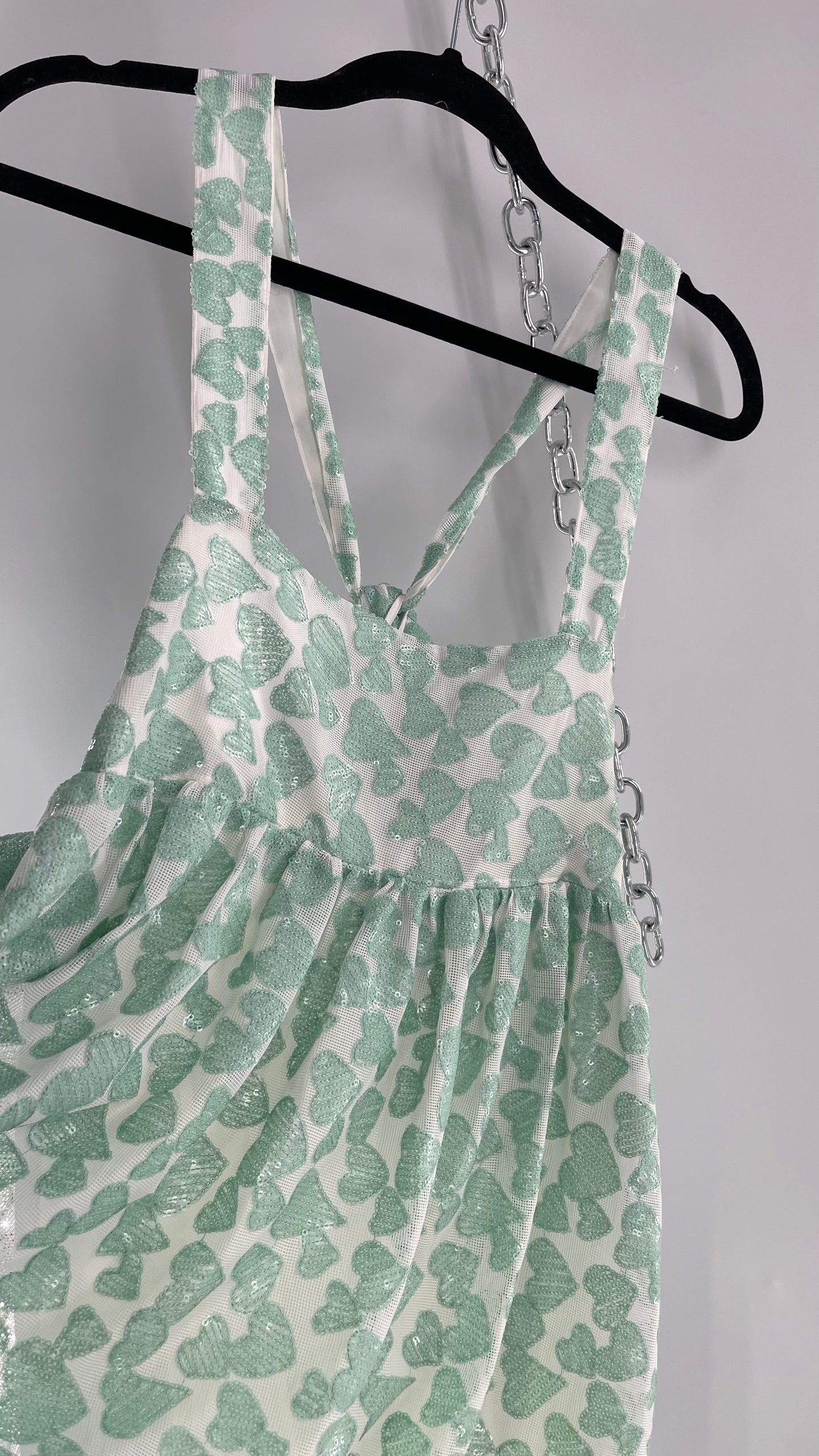 Kimchi Blue Babydoll Dress Covered in Sequin Teal/Mint Hearts (Medium)