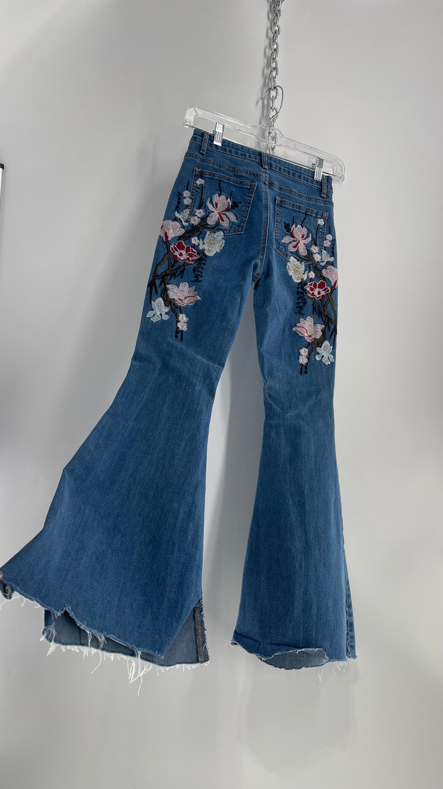 Medium Wash Denim Flares with Floral Embroidery (XS 0/2)