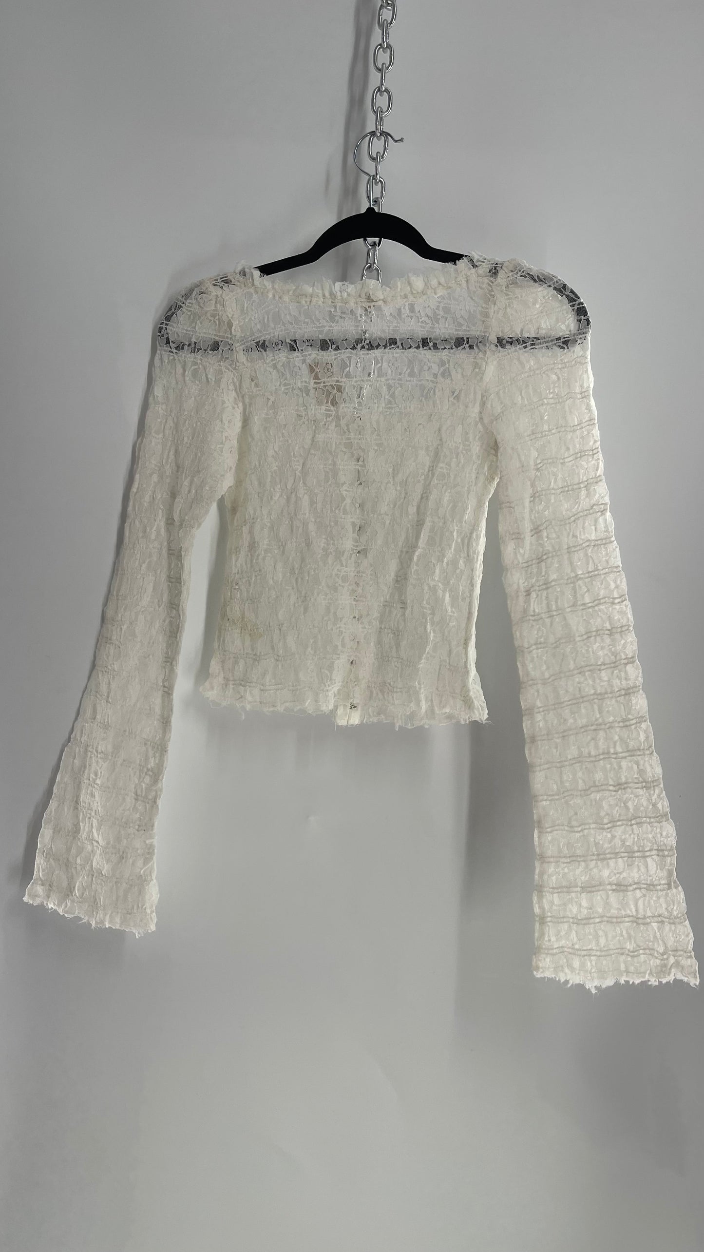 Free People White Smocked Lace Long Sleeve with Eyelet Closure (Large)