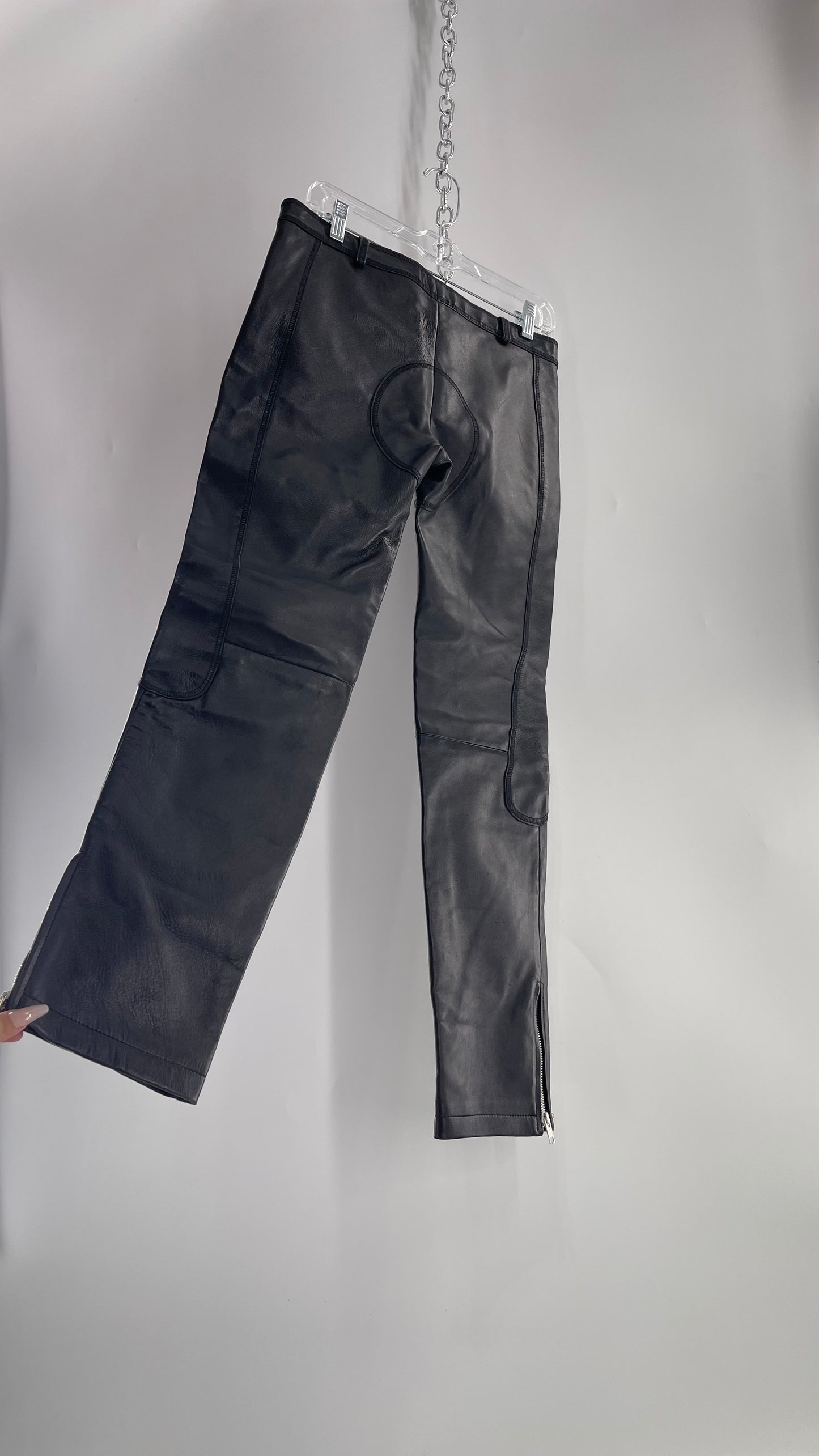 PAOLA FRANI 1990s Black Genuine Leather Low Waisted, Zip Front, Patched Bum and Knee Pants (8)