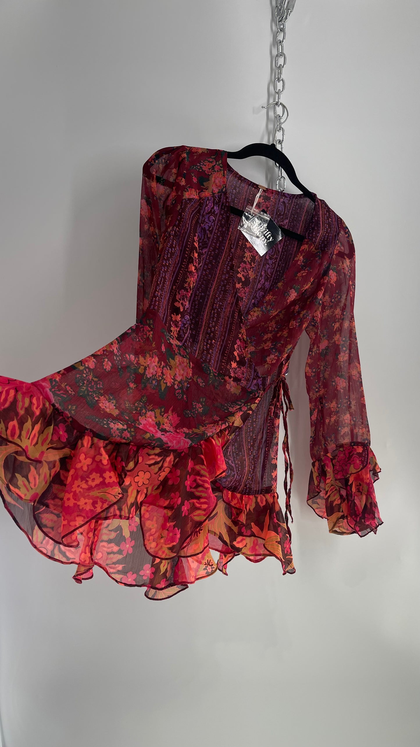 Free People Maroon/Burgundy Red Floral Tie Front Blouse with Ruffled Sleeves and Hem (Small)