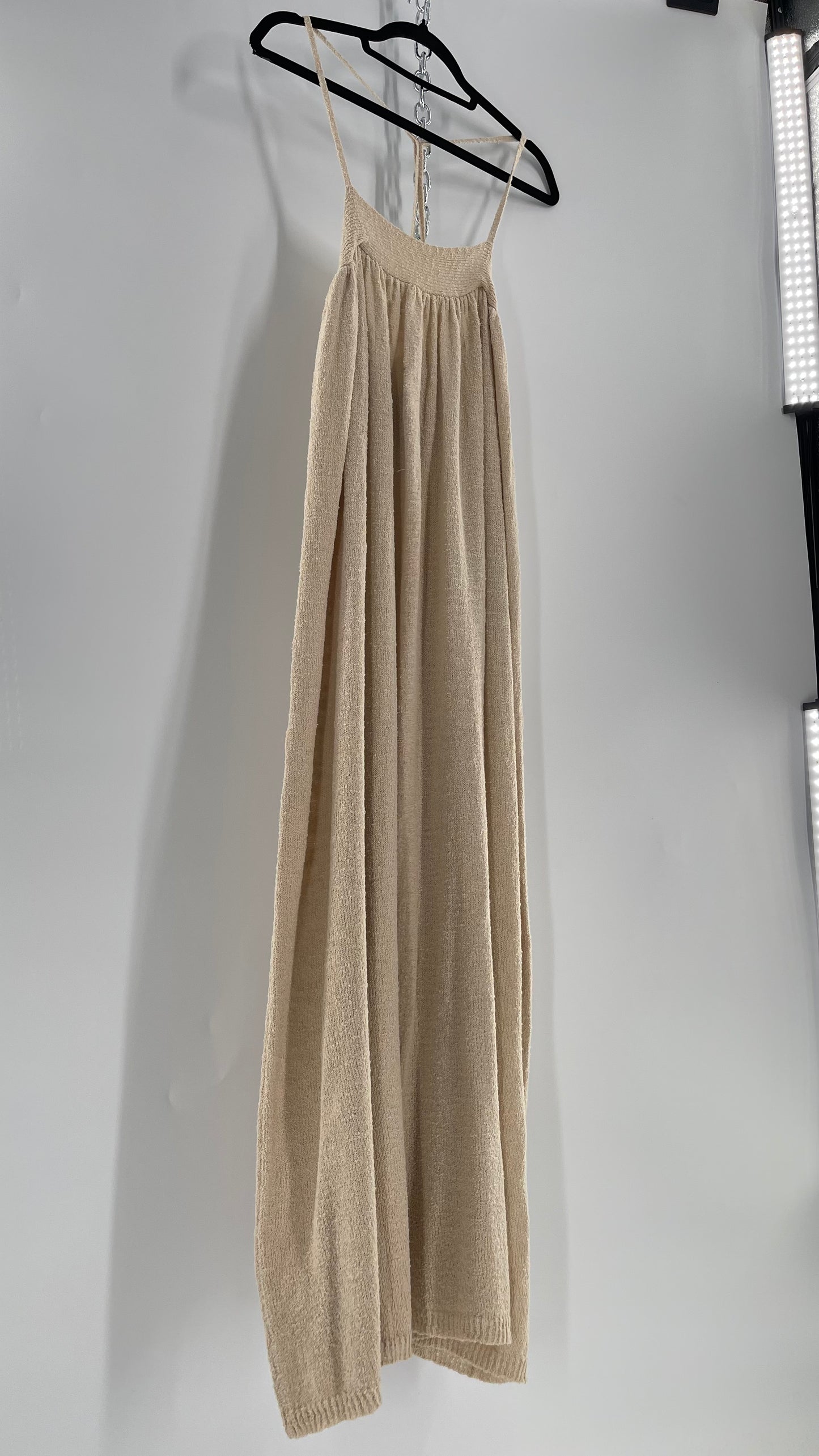 Free People Beach Beige Slinky Halter Textured Maxi Dress