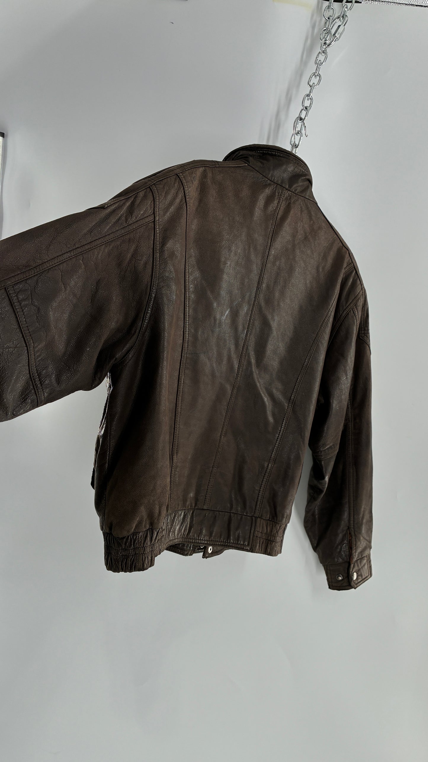 Vintage SAXONY Distressed Leather Bomber Jacket (Medium)