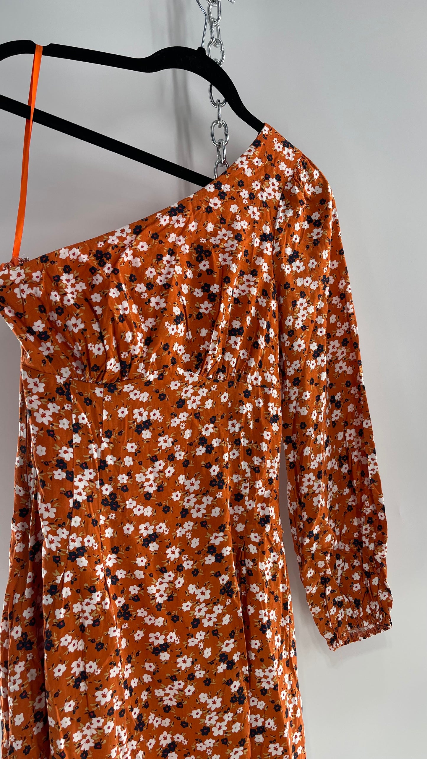 Free People Orange Asymmetric Single Sleeve Flared Out Fall Florals Dress (Small)