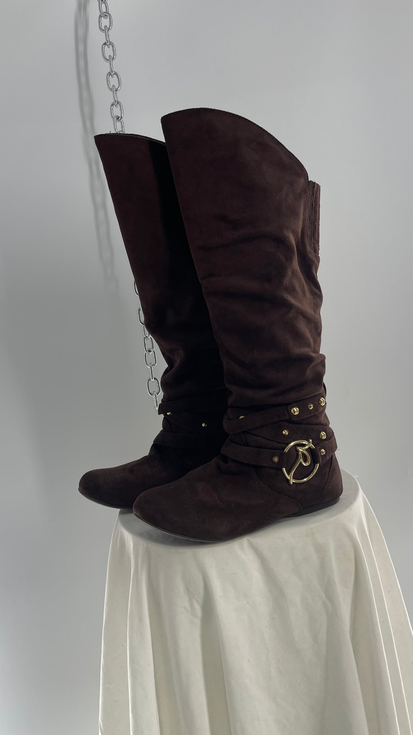 Vintage ROCAWEAR 2000s Brown Strappy, Studded, Slouchy Boots with Gold Logo Hardware (7)