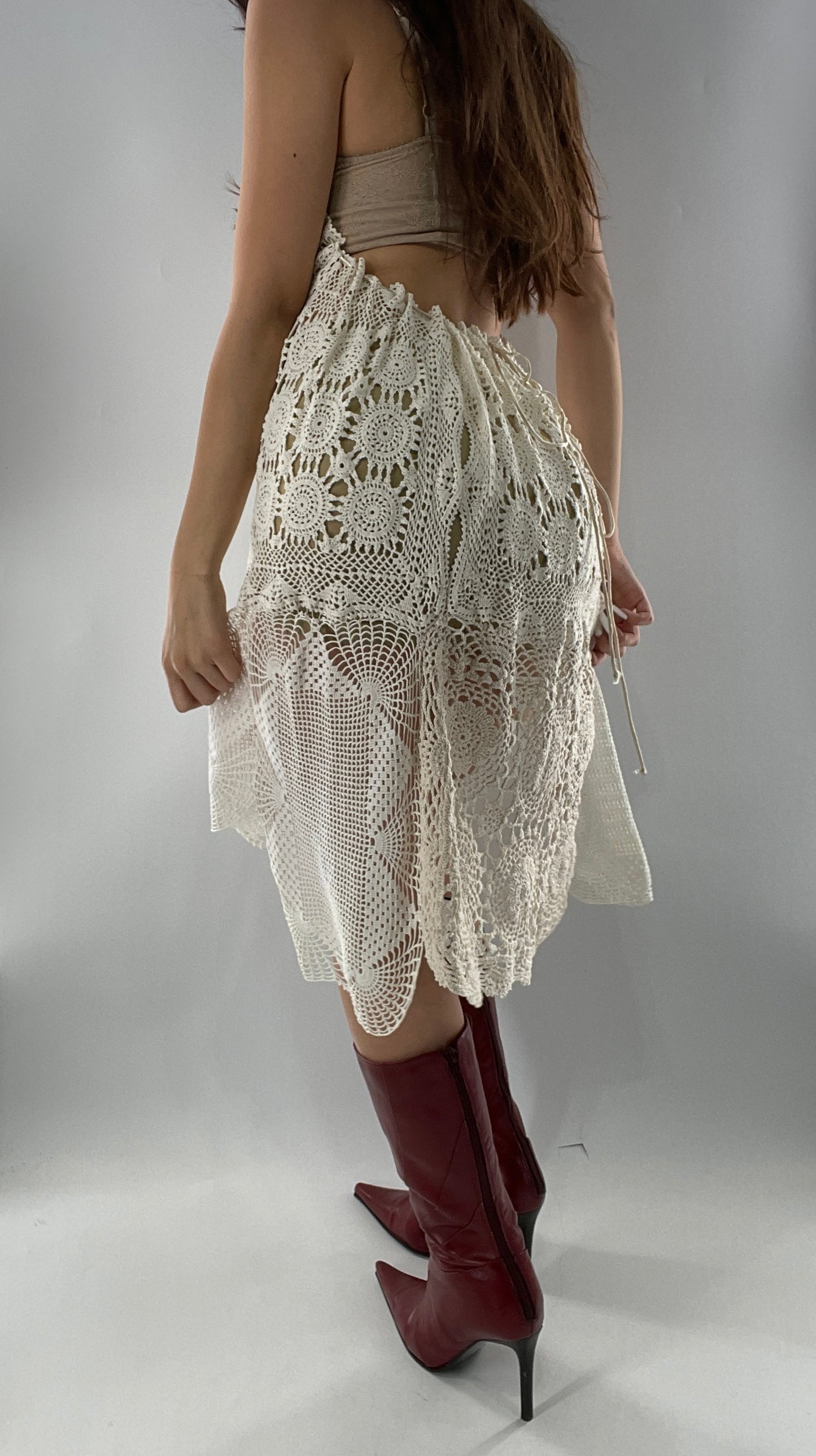 Vintage Handmade Crochet Cottage Adjustable Dress with Open, Low Back (One Size)