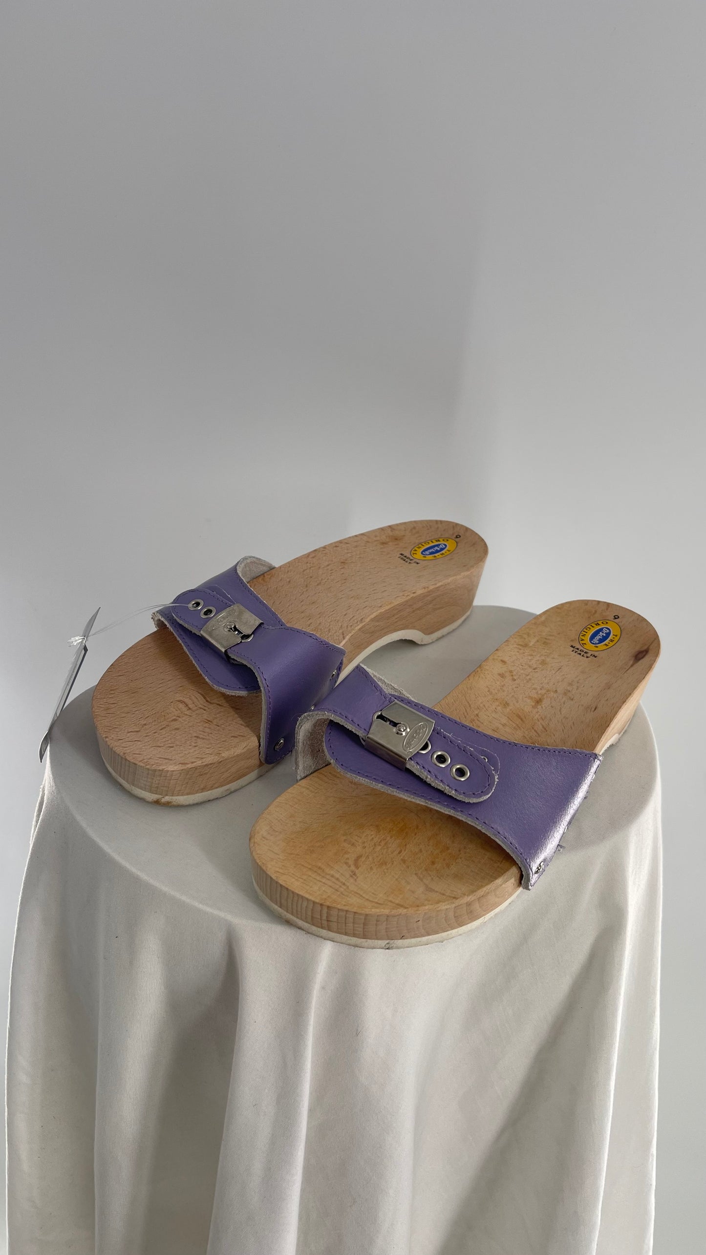 Vintage Dr.Scholls Wooden Clog with Lilac Leather Strap Made in Italy (7)