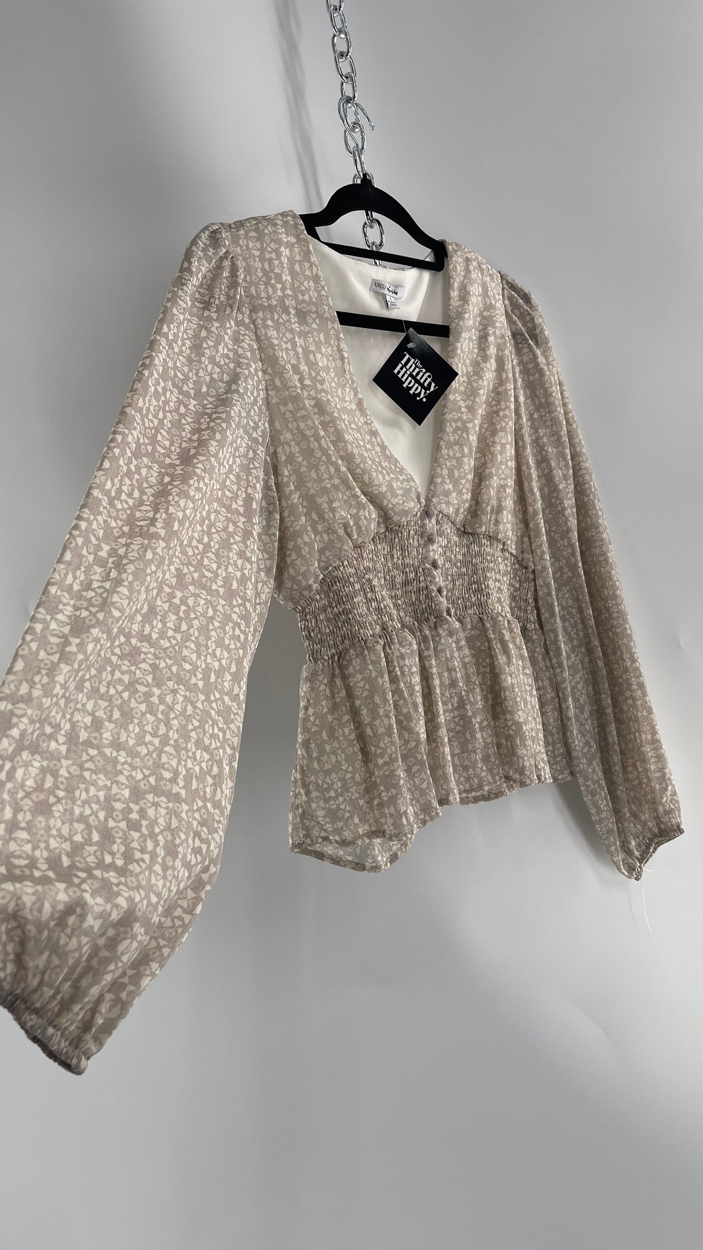 Anthropologie Light Gray Glitter/Shimmer Balloon Sleeve, Smocked Waist, Button Front Blouse (Large)