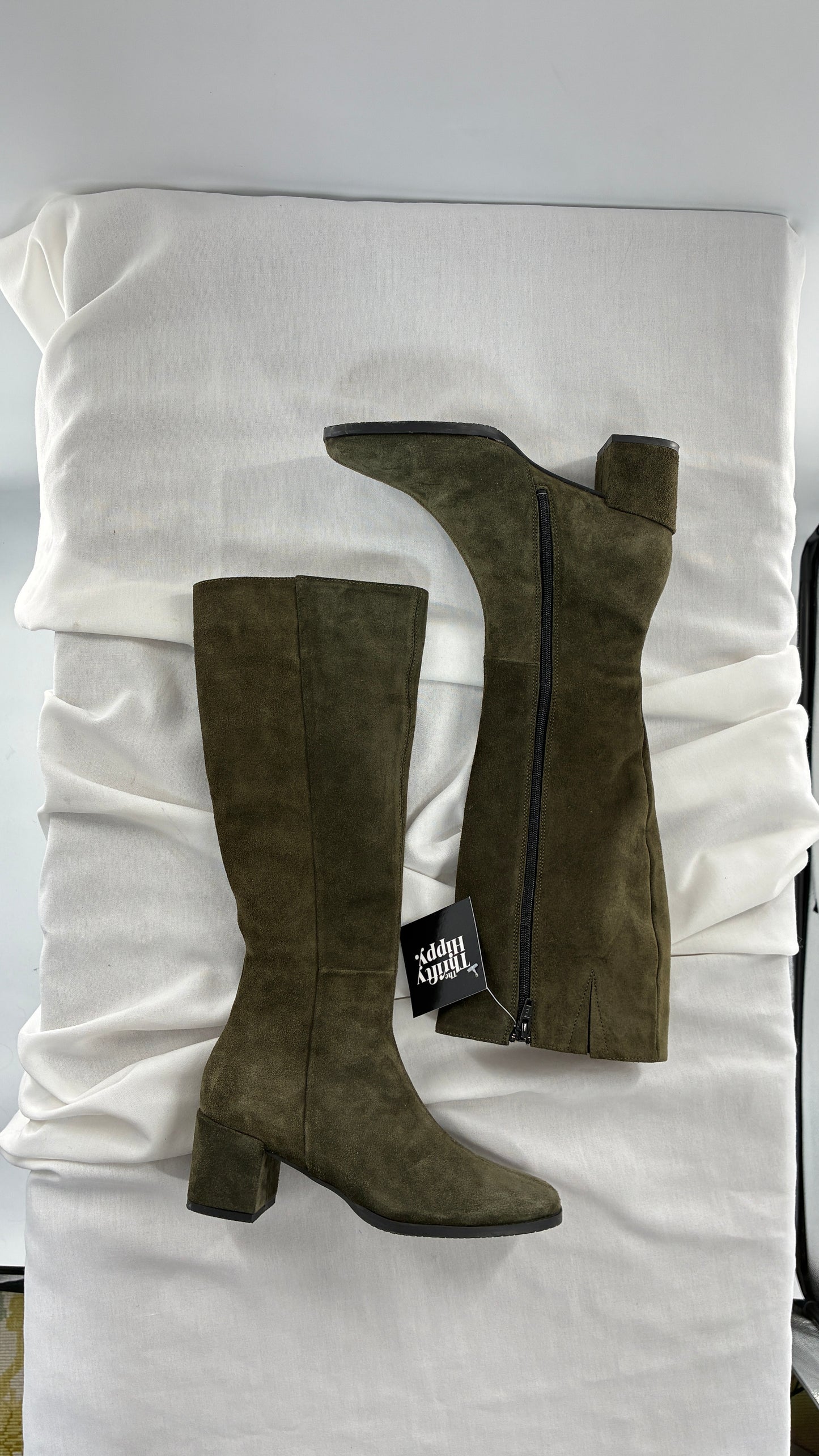 Vintage ERIC MICHAEL Olive Green Suede Boots Square Toe Knee High Boots (36)