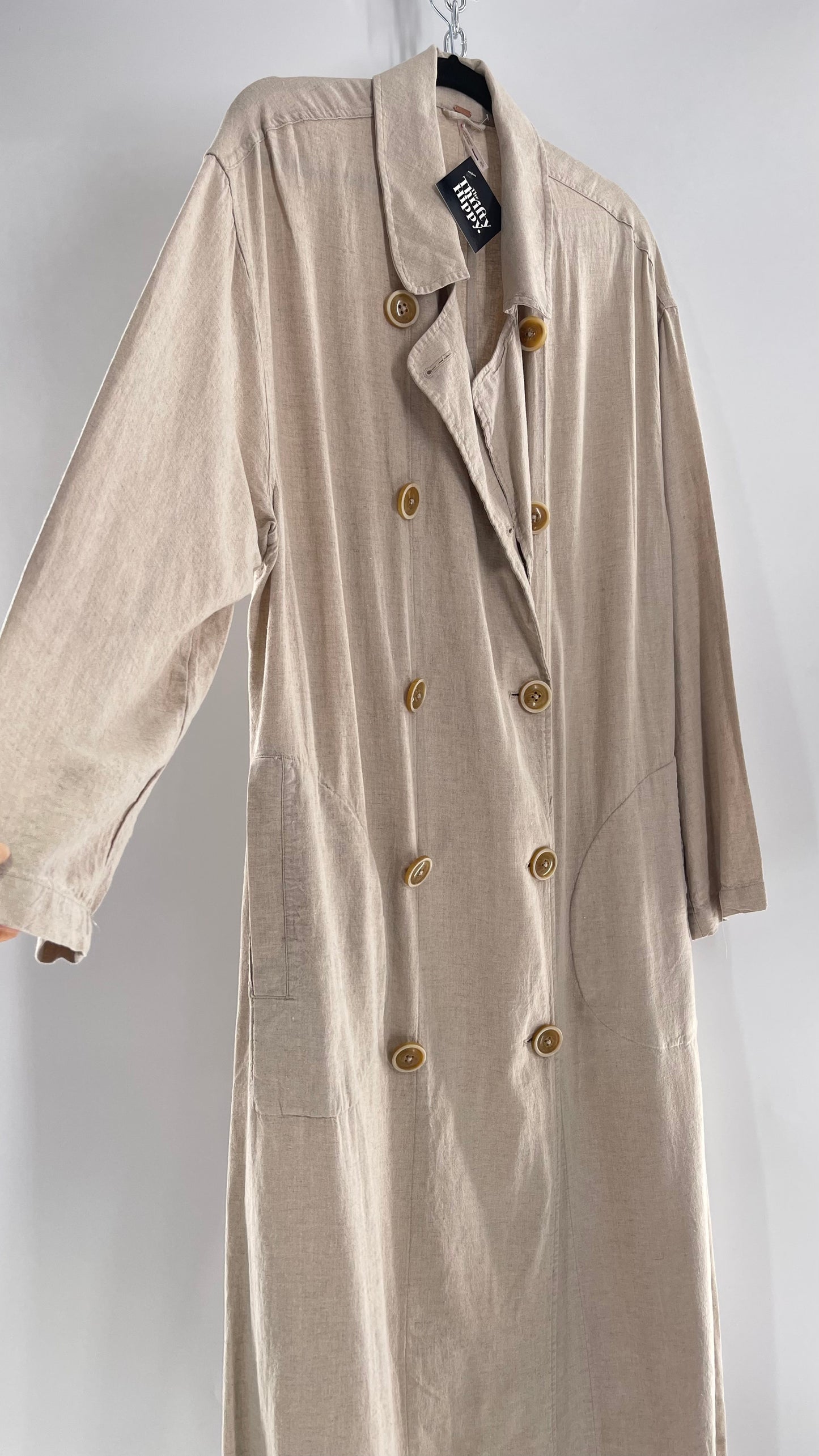 Free People Double Breasted Beige Linen Trench Coat with Brown Buttons and Tags Attached