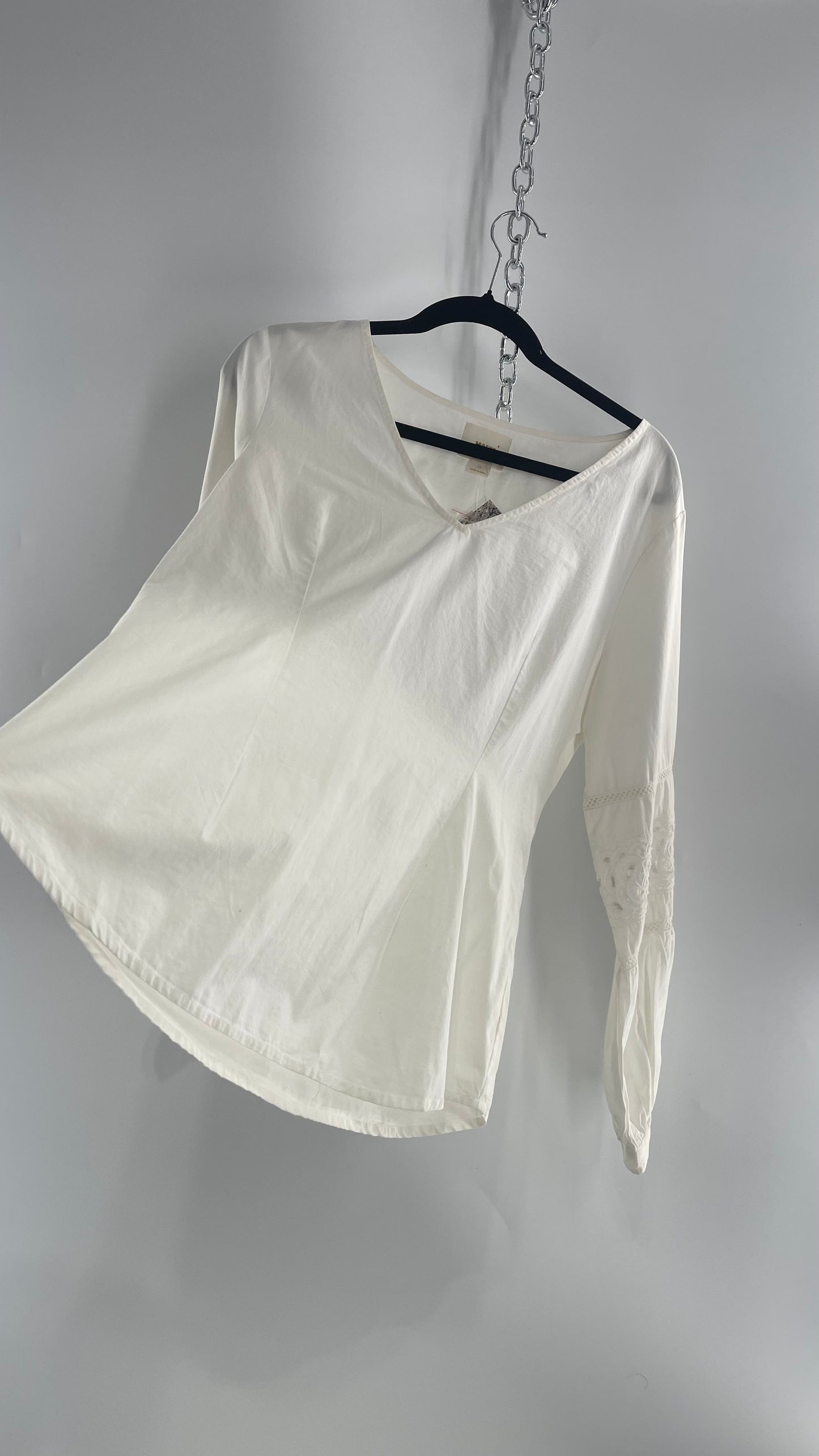 Maeve Anthropologie White 100% Cotton Blouse with Balloon Sleeves, Eyelet Lace, and Armpit Zipper (12)