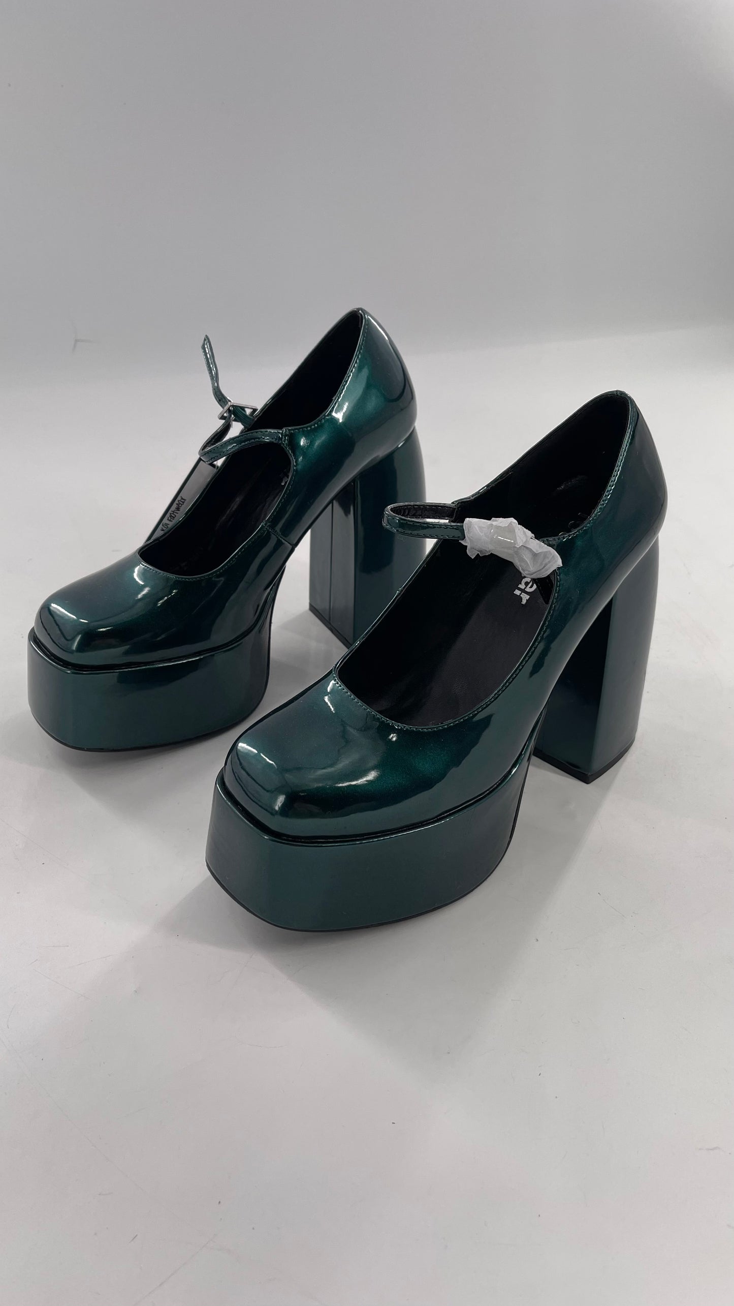KOI FOOTWEAR Patent Emerald Green Platform Chunky Heel Mary Janes (9/39)
