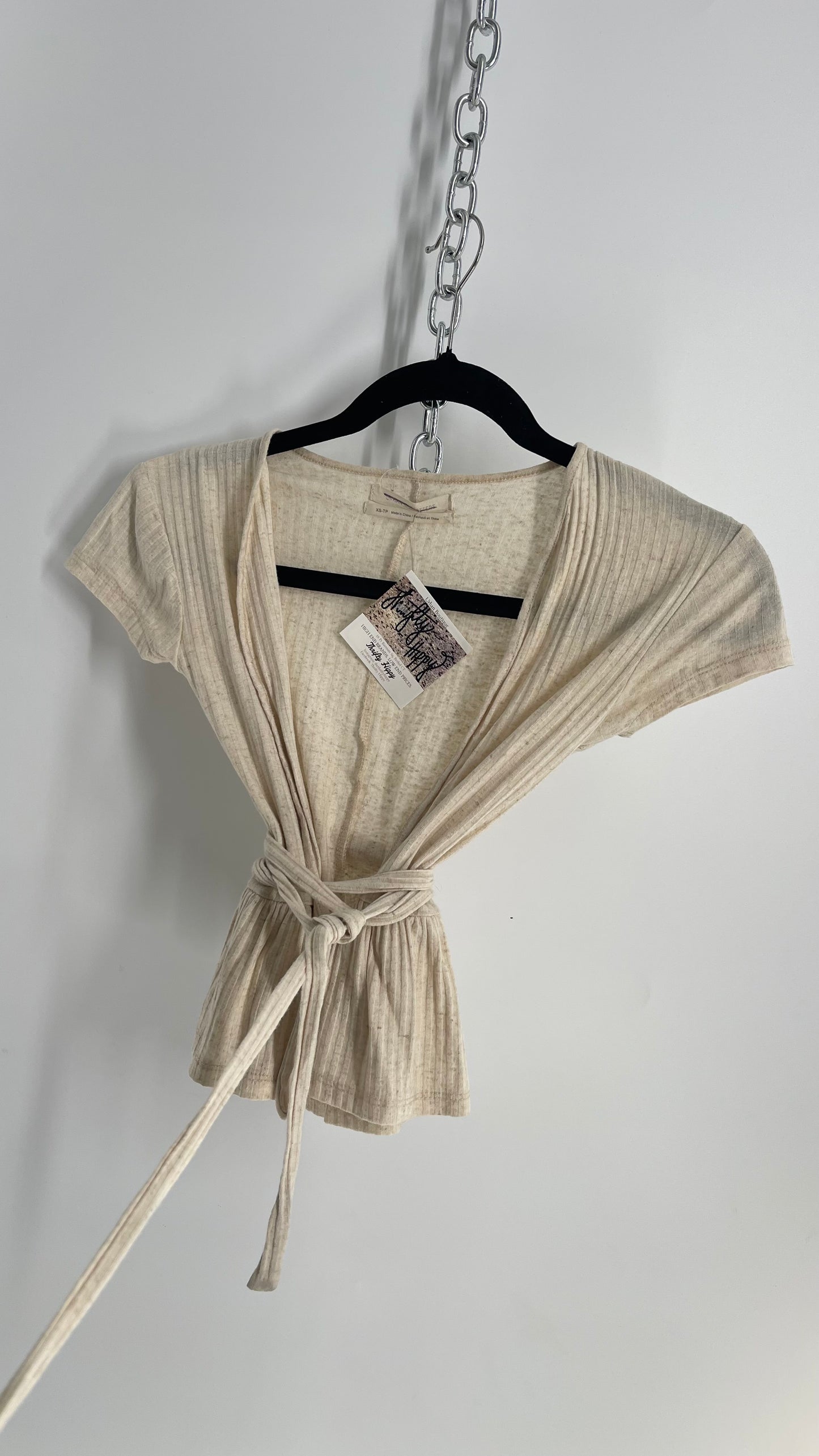 Urban Outfitters Oatmeal Beige Peplum Top with Waist Snatching Ties (XS)