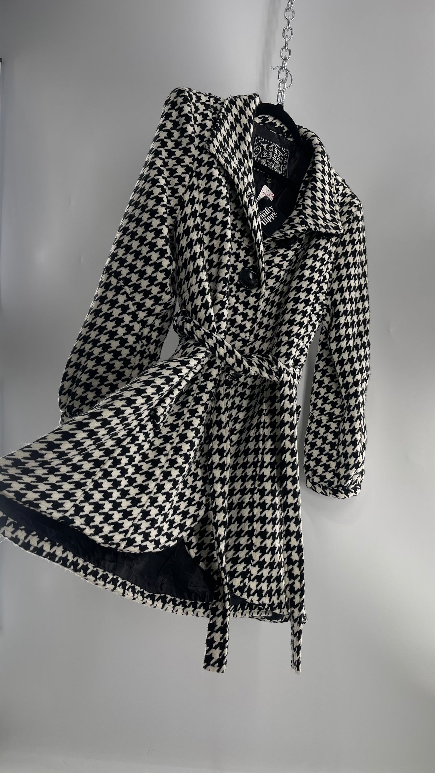 Deadstock Vintage Last Kiss Houndstooth Coat with Bubble Sleeve, Waist Tie, and Sweeping Hem (XXL)