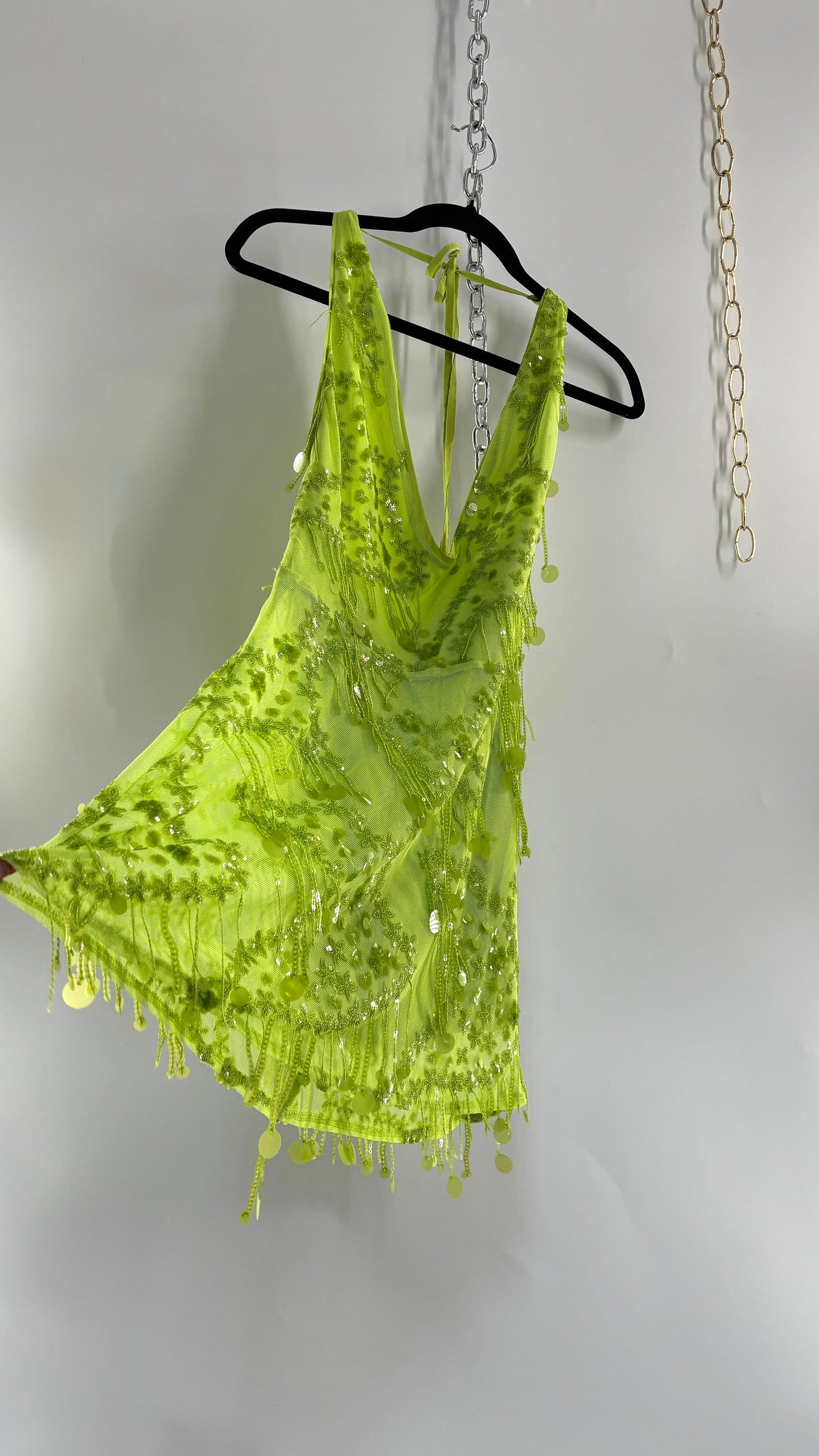 Green Beaded Backless Mini Dress (Small)