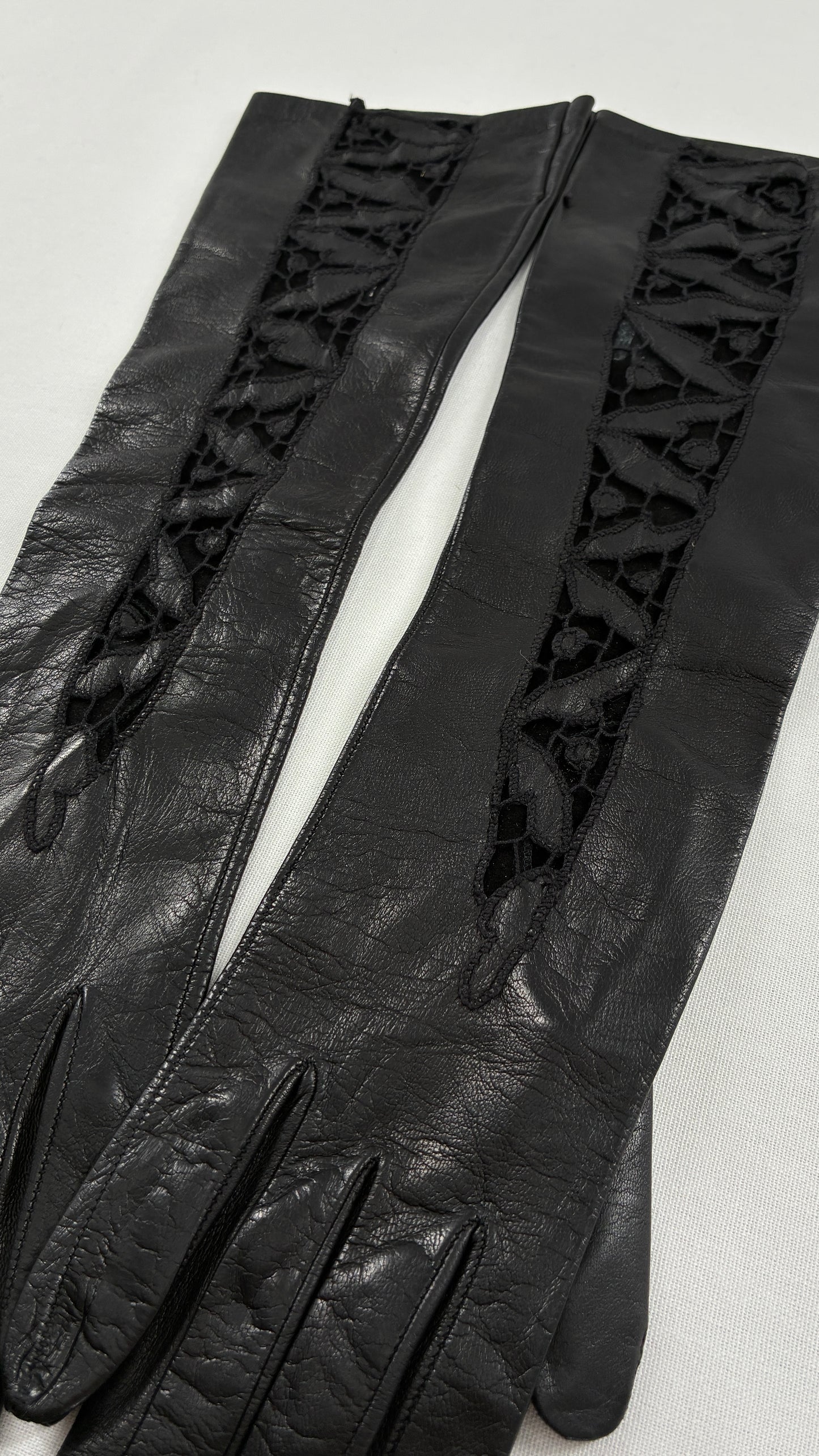 Deadstock Vintage Black Soft Leather Gloves with Lace Detail