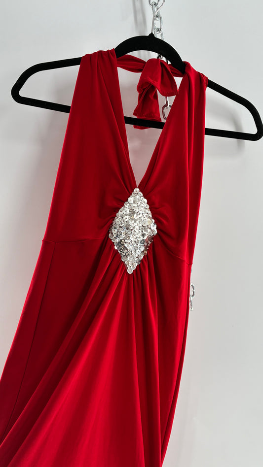 Vintage SYMPHONY Lycra Red Halter Full Length Dress with Sequin Bust Detail (Small)