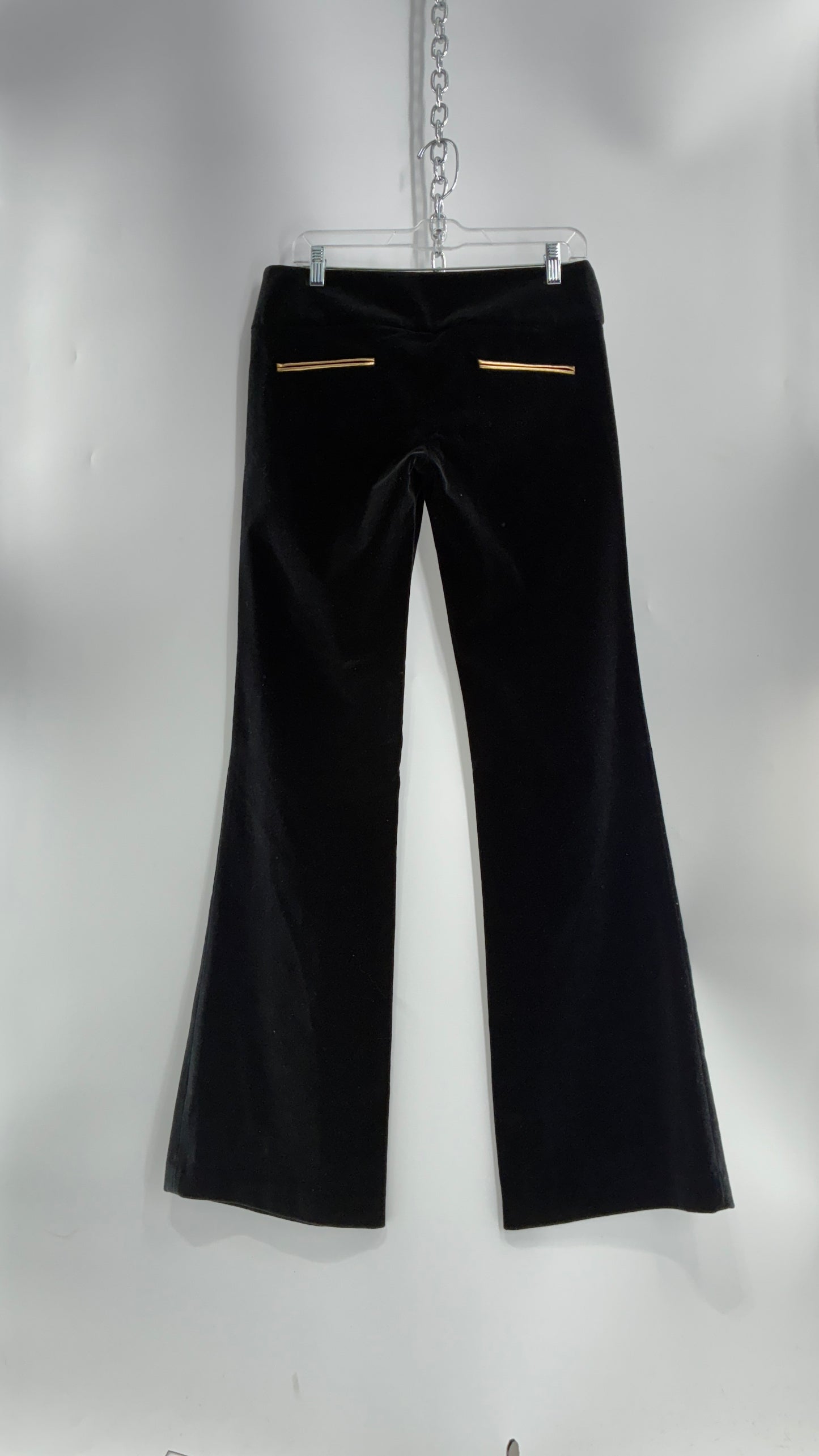 Vintage Alice + Olivia Thick Black Velour Low Rise Kickflare Pants with Thick Waistband with Gold Coin Detailing (6)