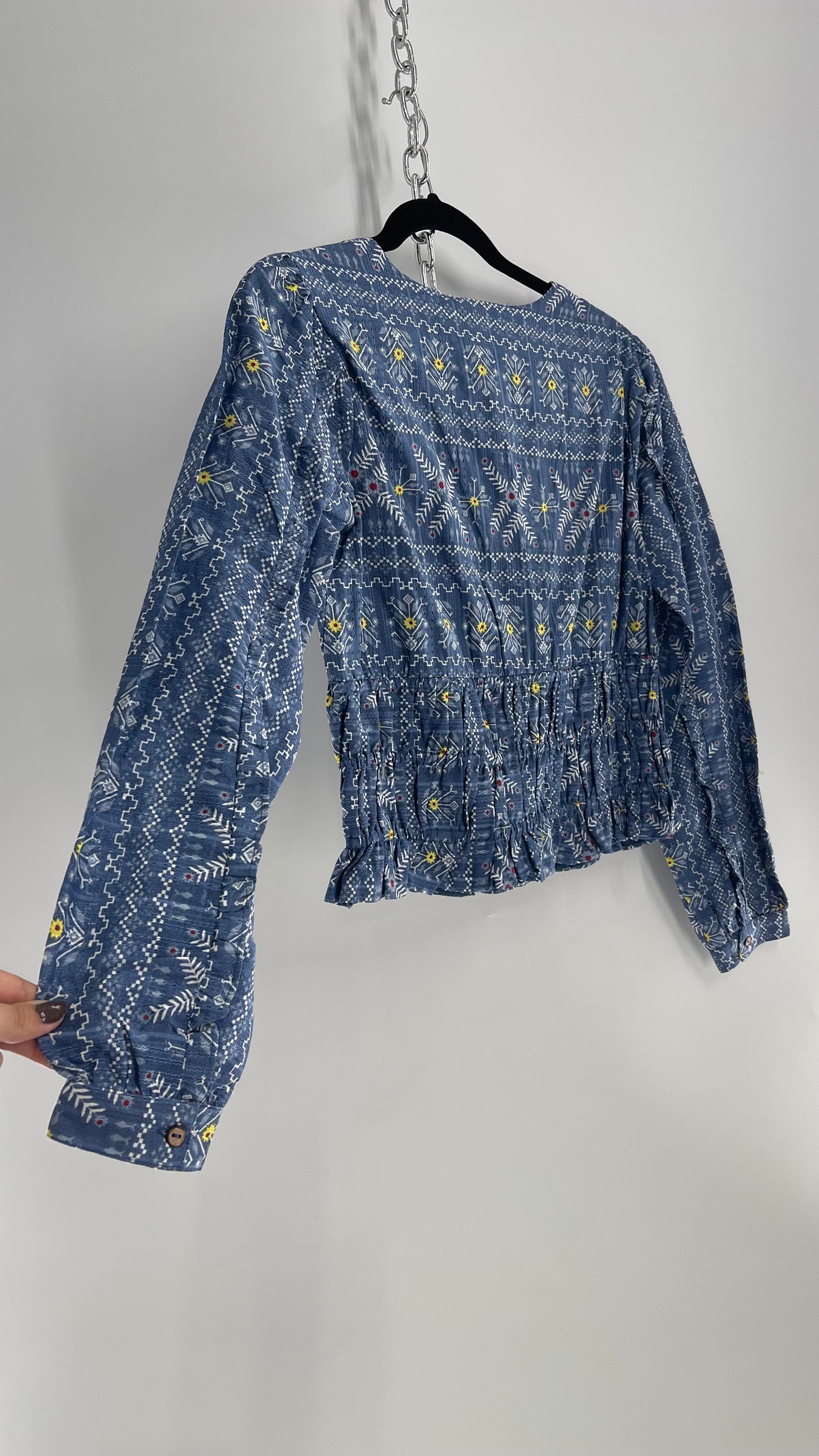 Flower That Girl Anthropologie Blue Patterned Blouse with Tags Attached (XS)